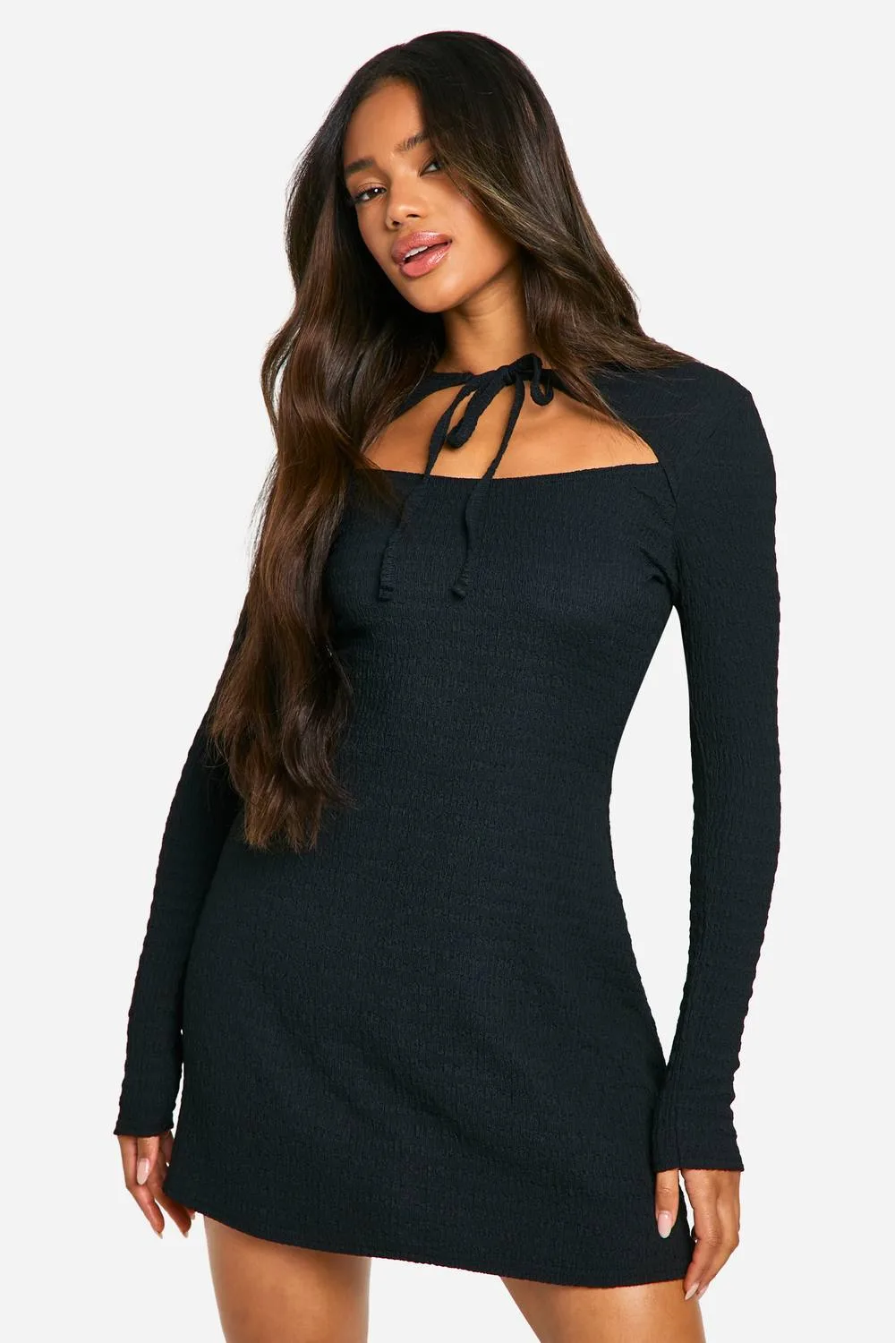 Textured Tie Front Skater Dress by boohoo