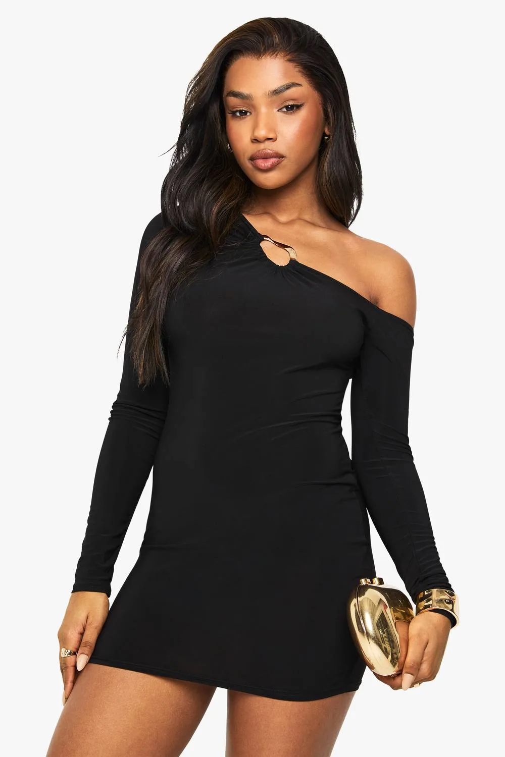 Slinky Asymmetric Gold Trim Detail Mini Dress by boohoo