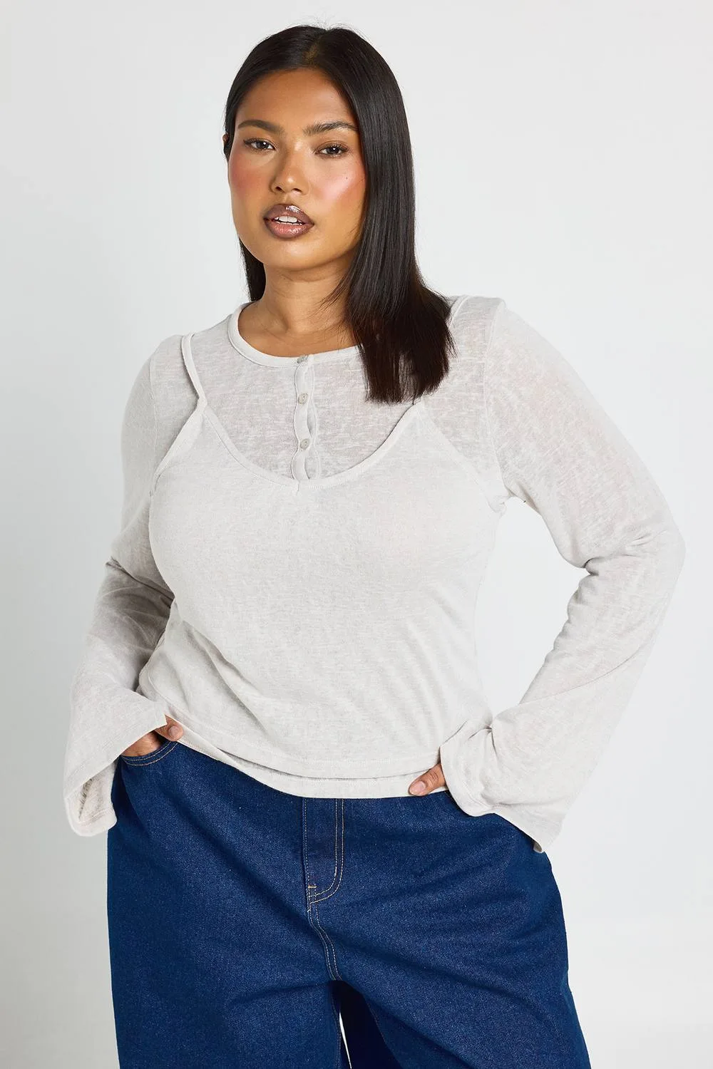 Sheer Double Layer Henley Top by boohoo