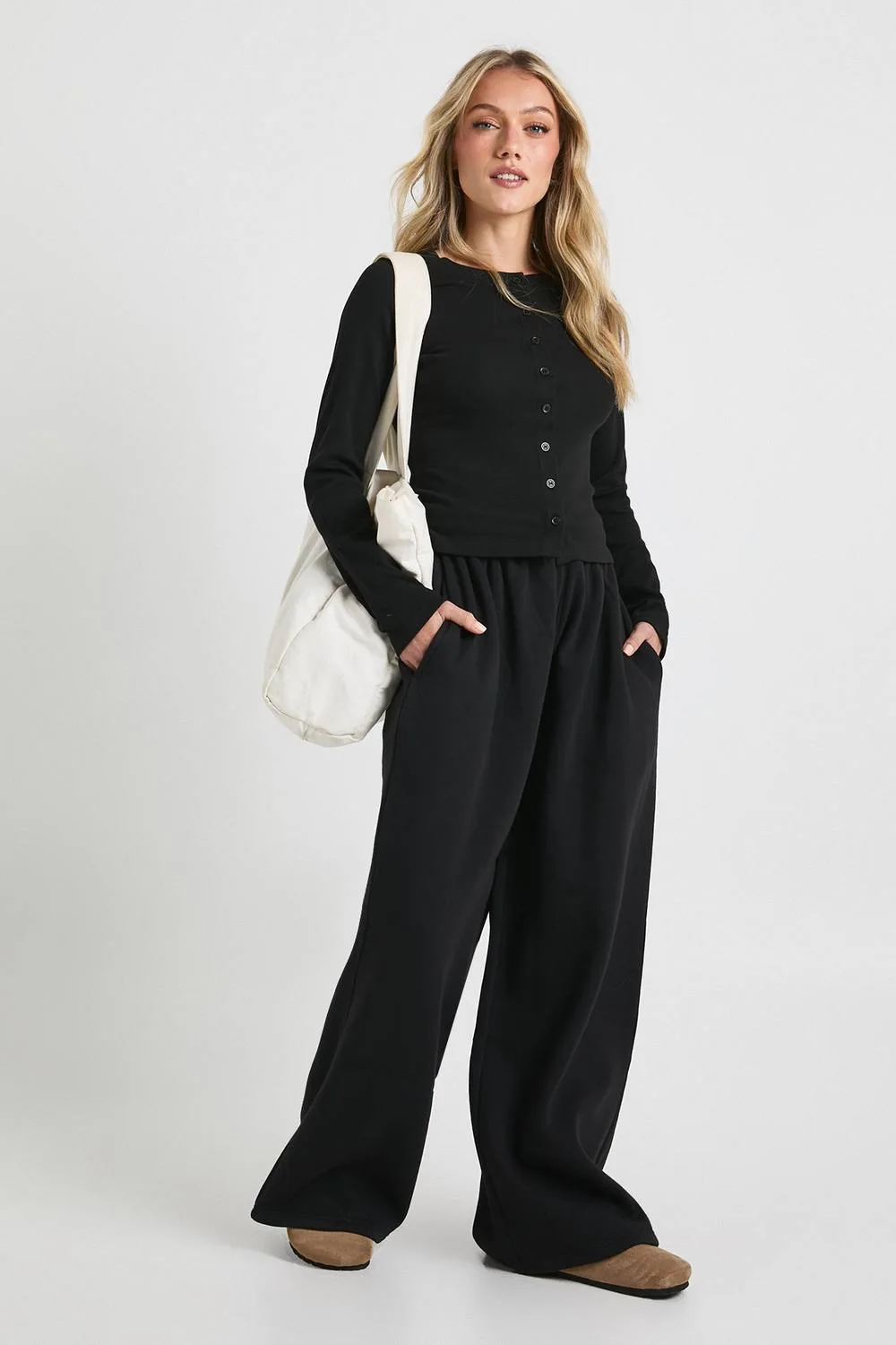 Rib Button Through Long Sleeve Tracksuit by boohoo
