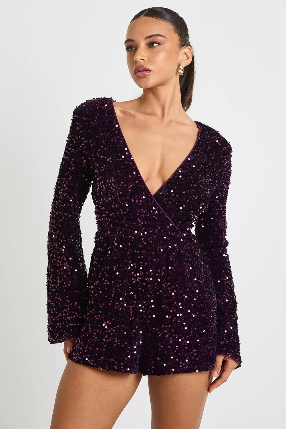 Velvet Sequin Flare Sleeve Playsuit by boohoo