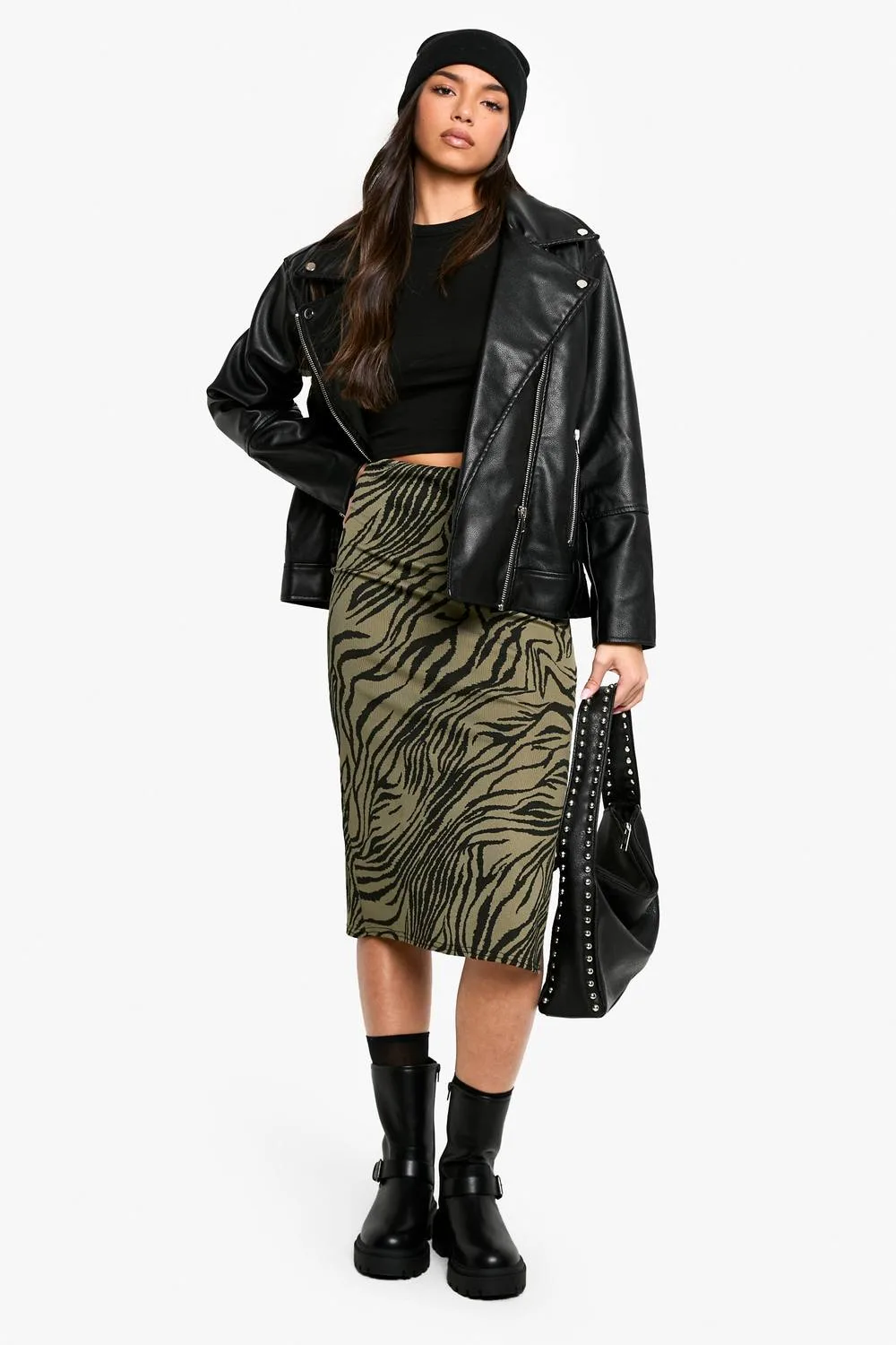 Zebra Print Rib Side Split Midi Skirt by boohoo