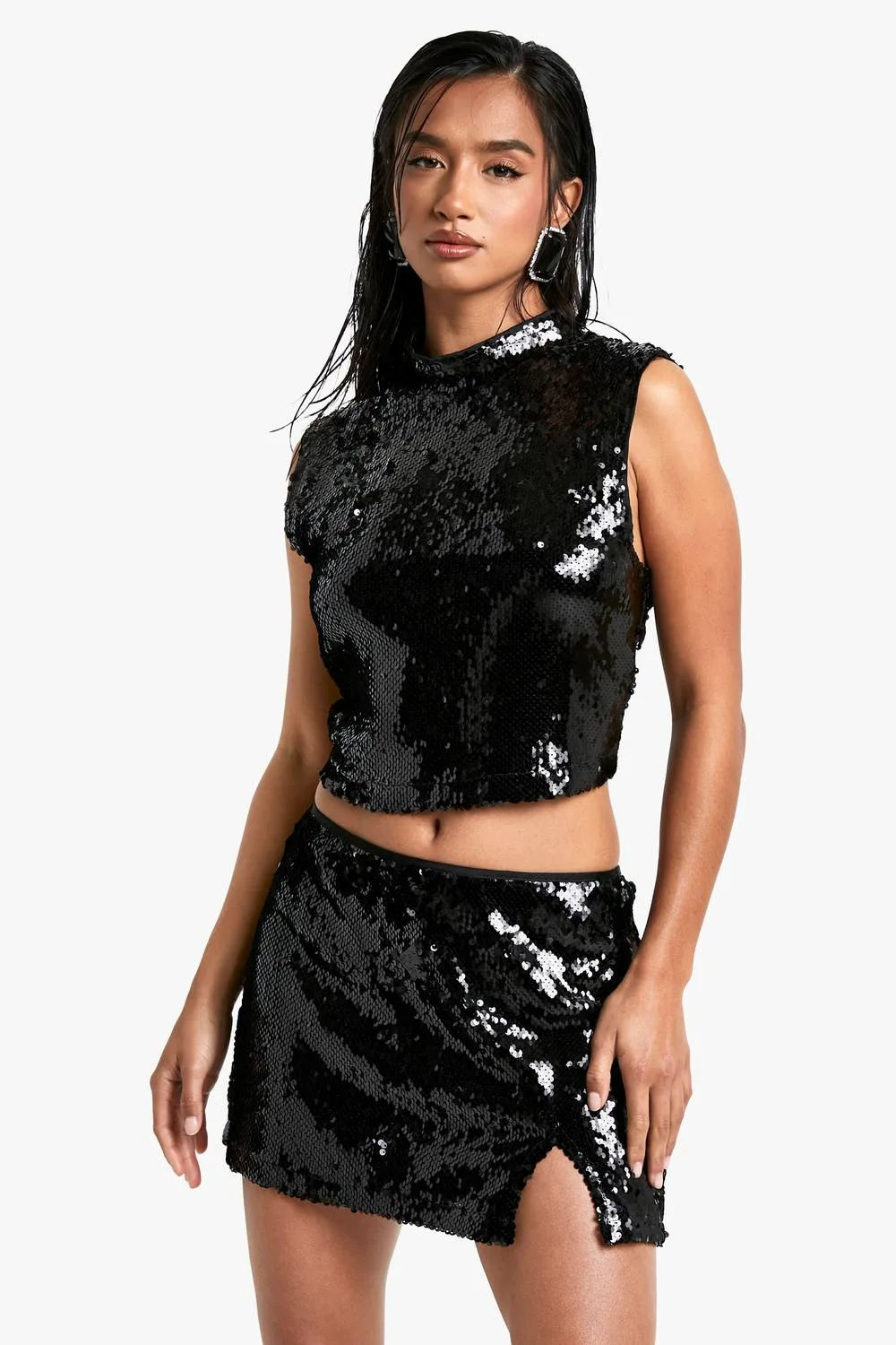 Sequin High Neck Top by boohoo