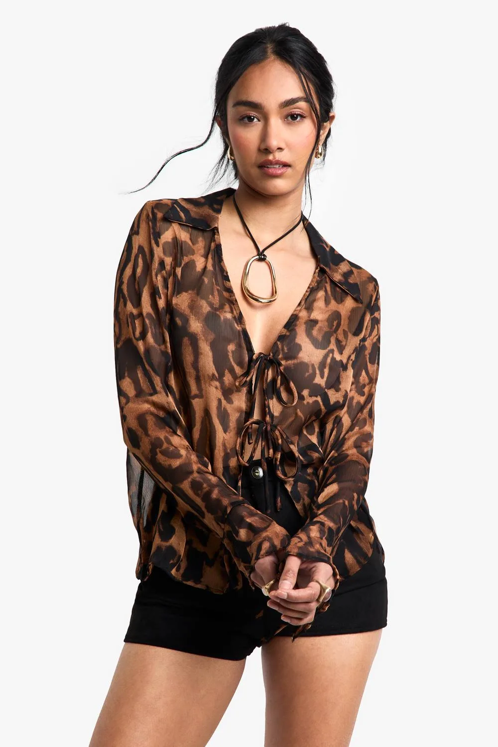 Leopard Printed Woven Long Sleeve Collared Top with Tie Front Detail by boohoo