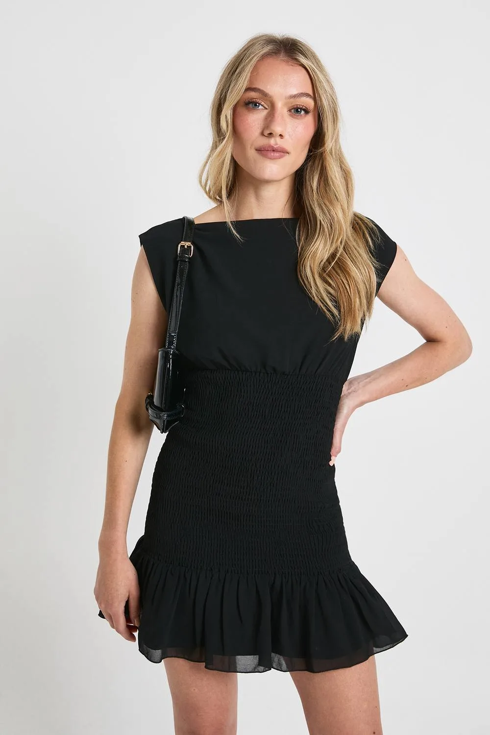 Shirred Waist Ruffle Hem Mini Dress by boohoo