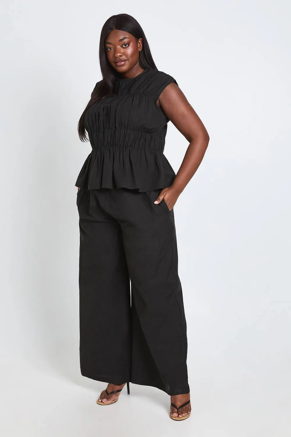 Shirred High Neck Top & Wide Leg Trouser Set by boohoo