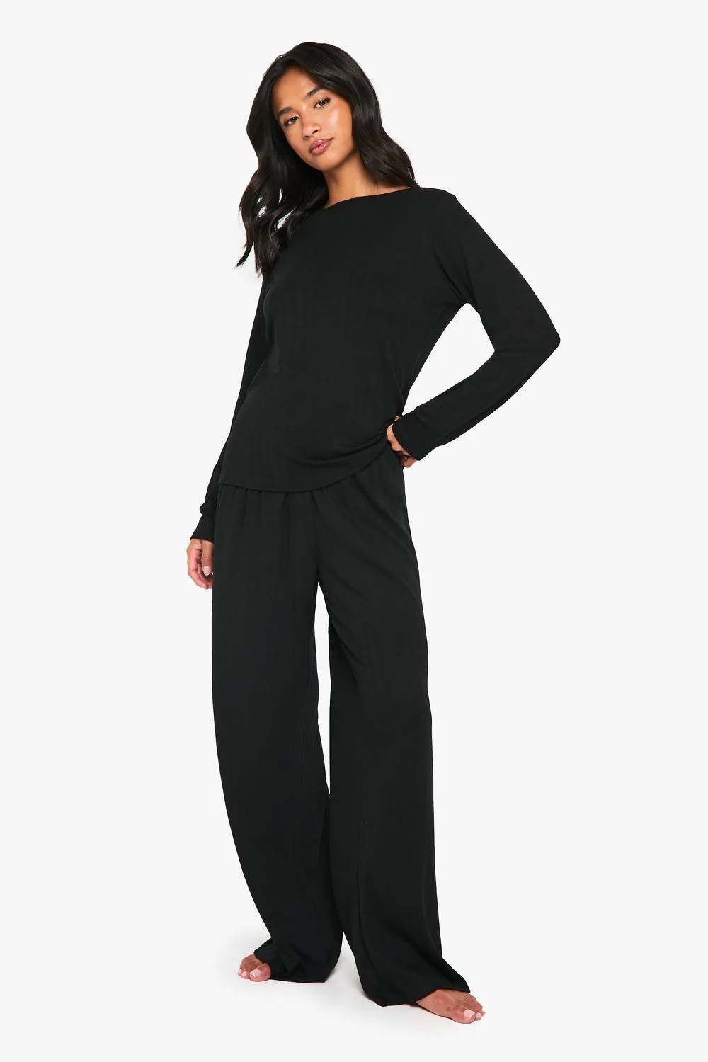 Pointelle Long Sleeve Top & Wide Leg Trouser Pyjama Set by boohoo
