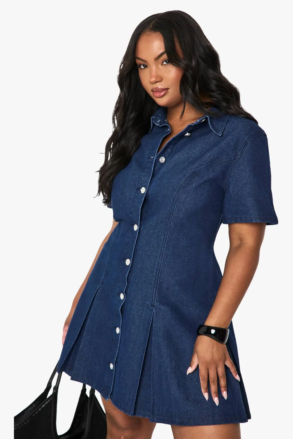 Denim Button Pleated Shift Dress by boohoo