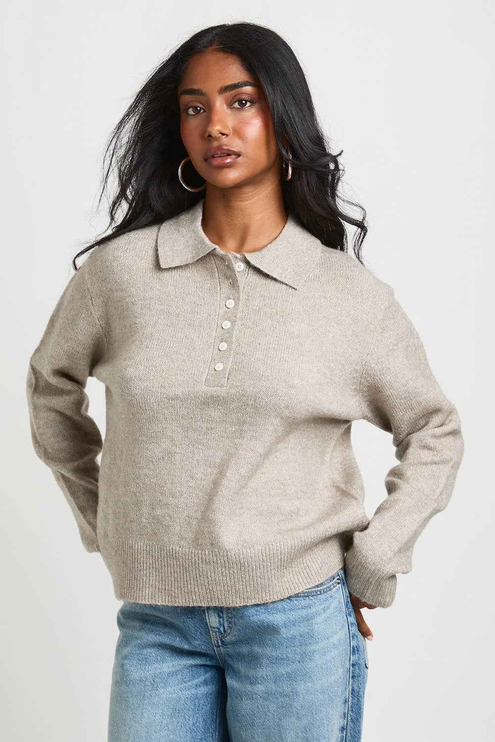 Button Collared Knitted Jumper by boohoo