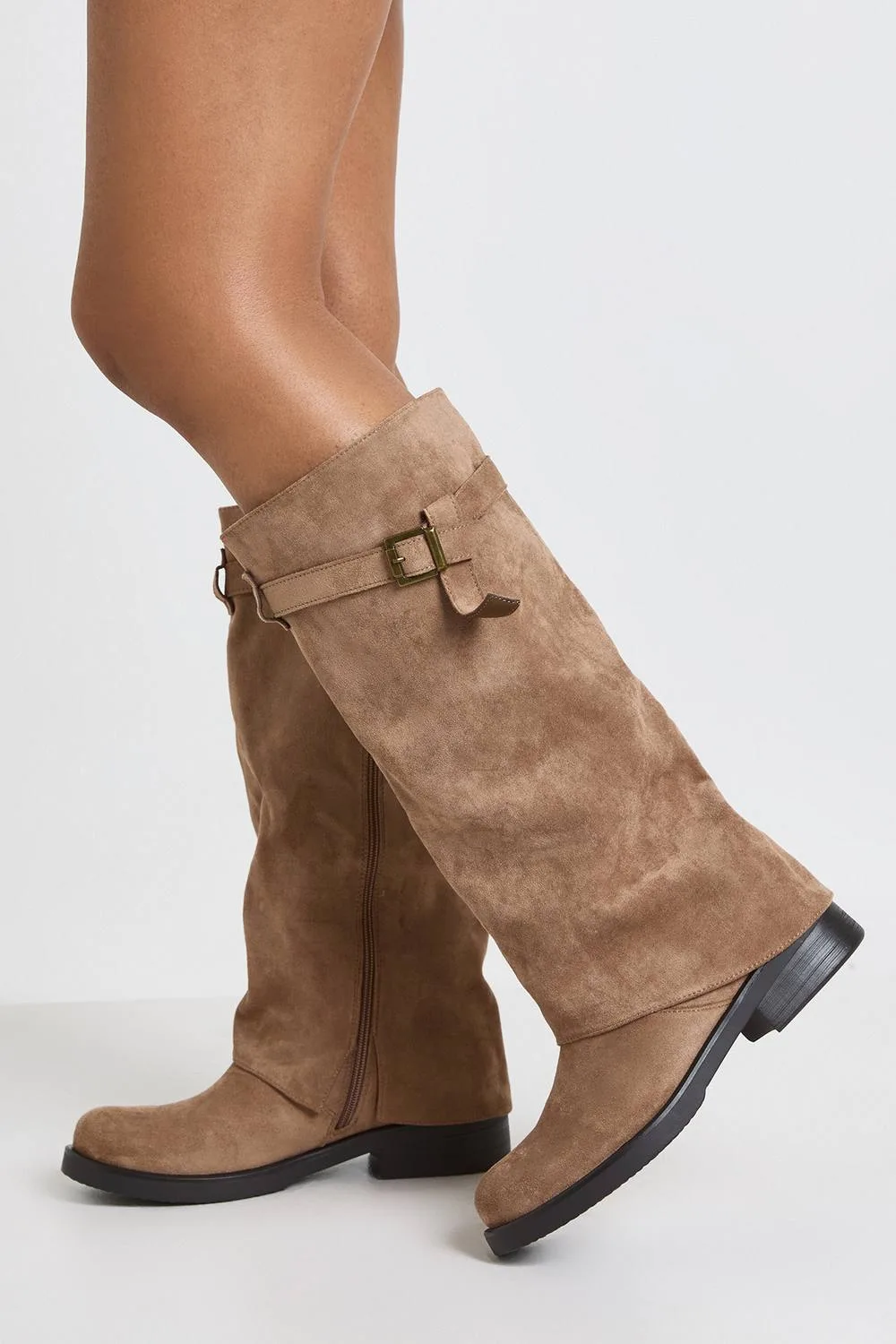 Buckle Detail Foldover Knee High Boots by boohoo