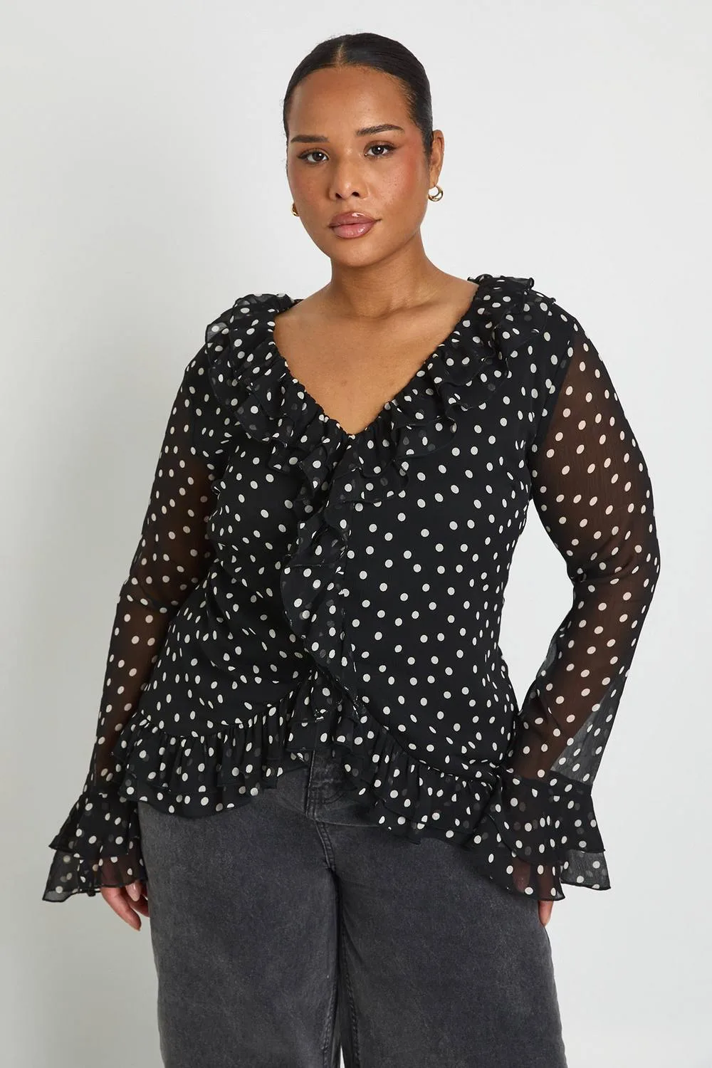Chiffon Polka Dot Ruffle Top by boohoo