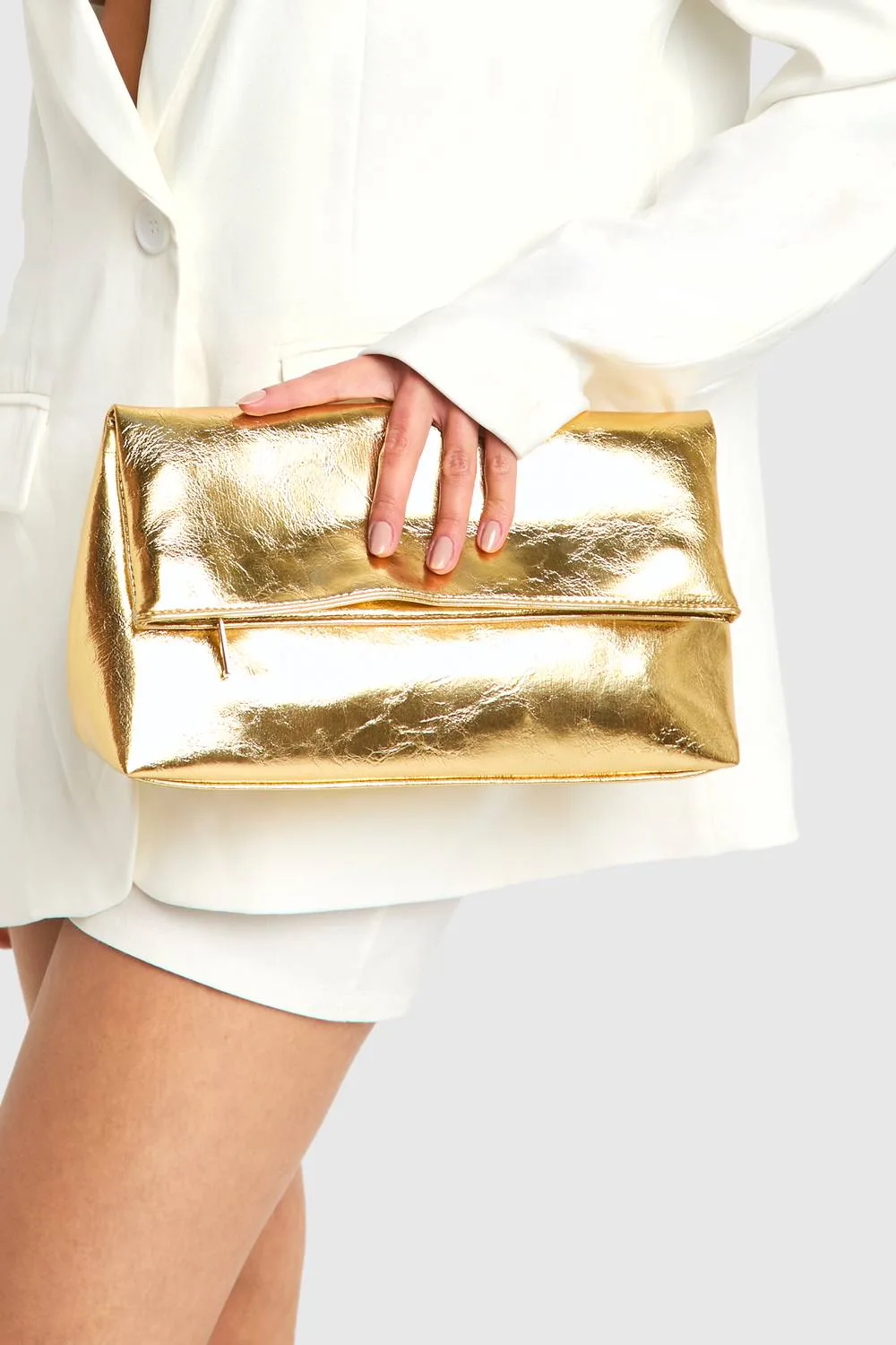 Large Metallic Fold Over Clutch Bag