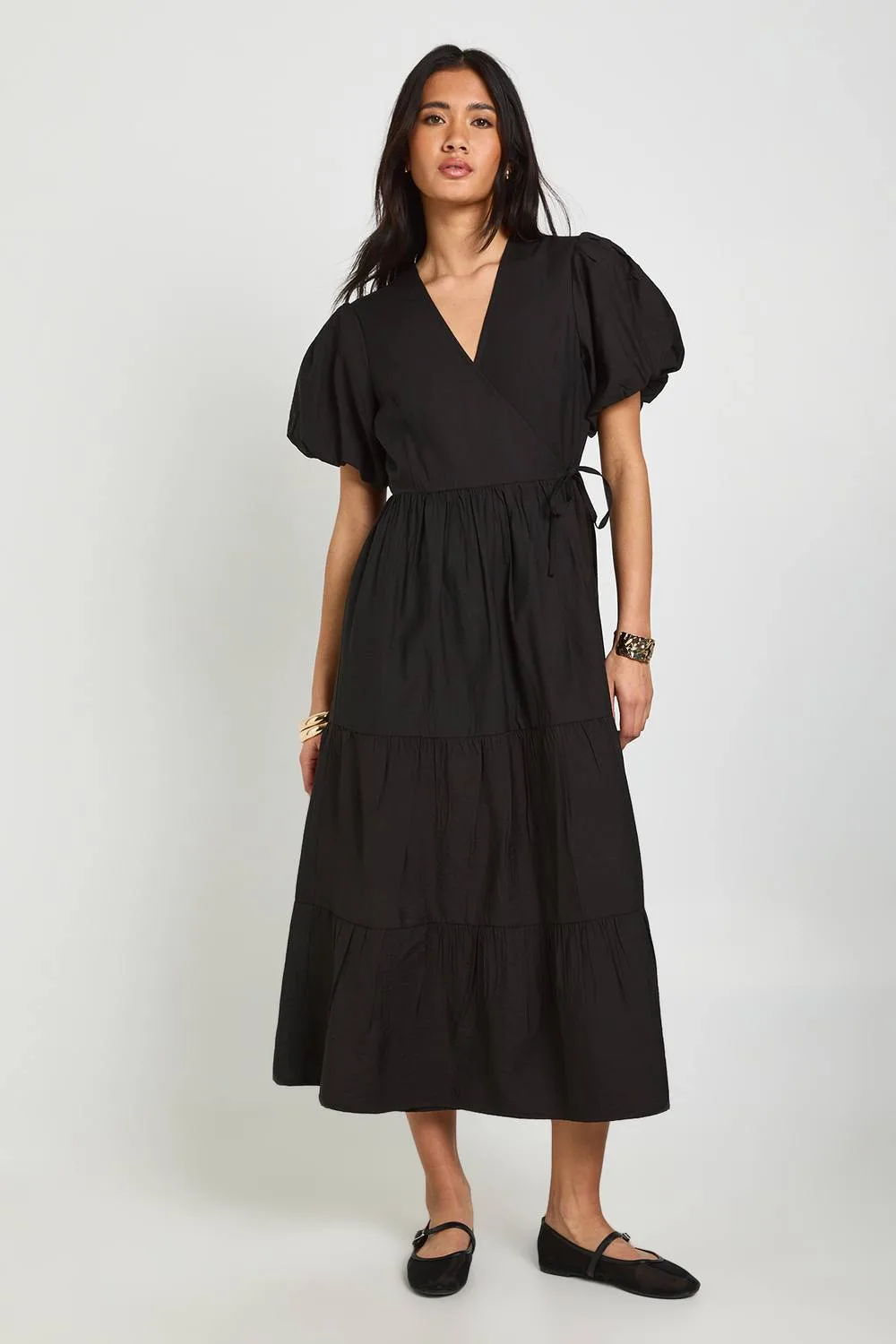 Textured Wrap Front Volume Sleeve Midaxi Dress by boohoo