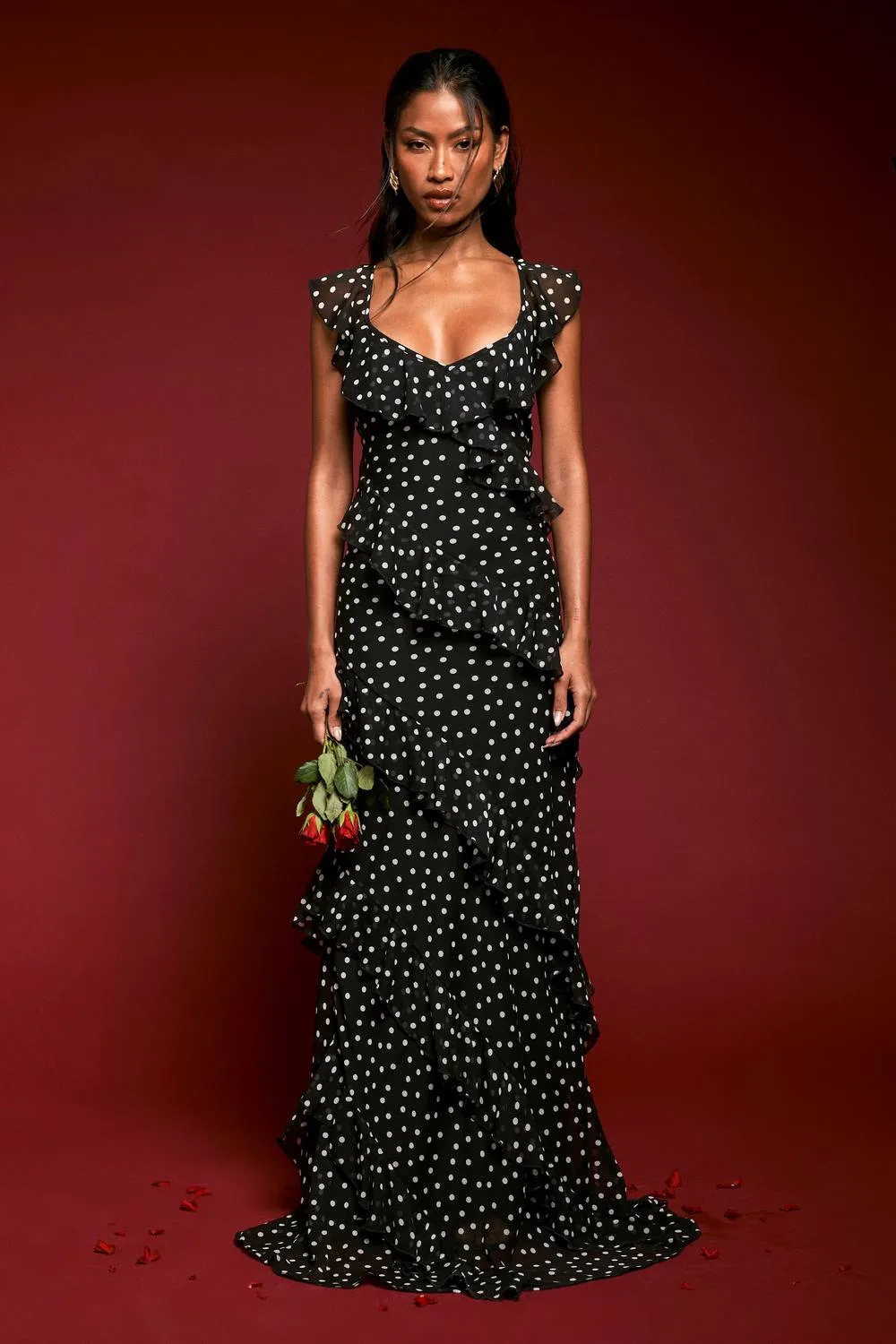 Chiffon Ruffle Polka Dot Strappy Maxi Dress by boohoo
