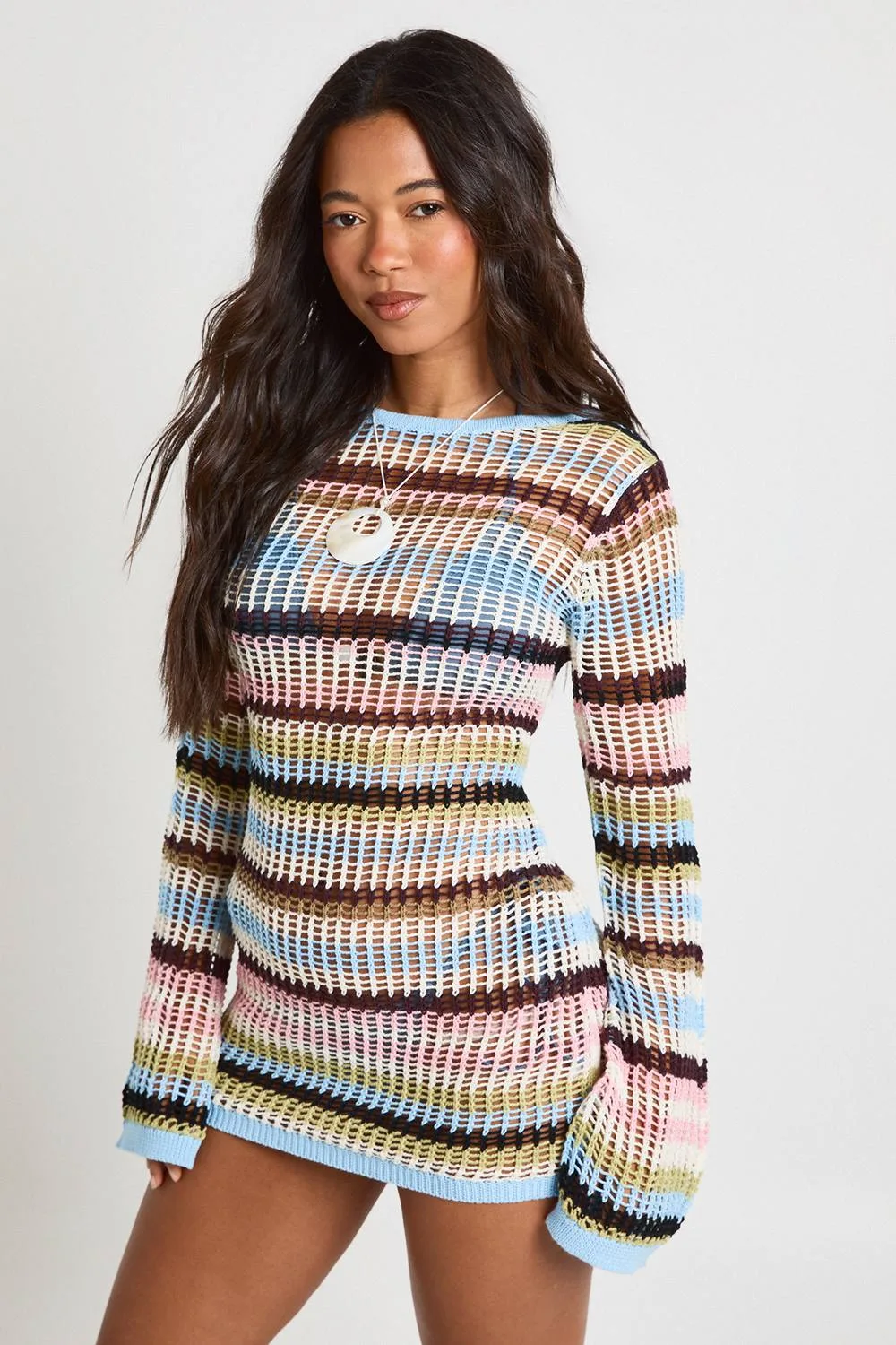 Crochet Stripe Knit Flared Sleeve Mini Dress by boohoo