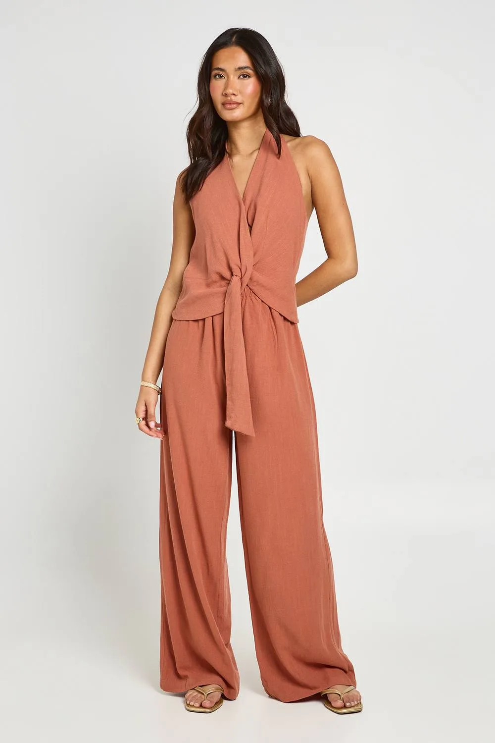 Halterneck Linen Look Knot Front Wide Leg Jumpsuit by boohoo