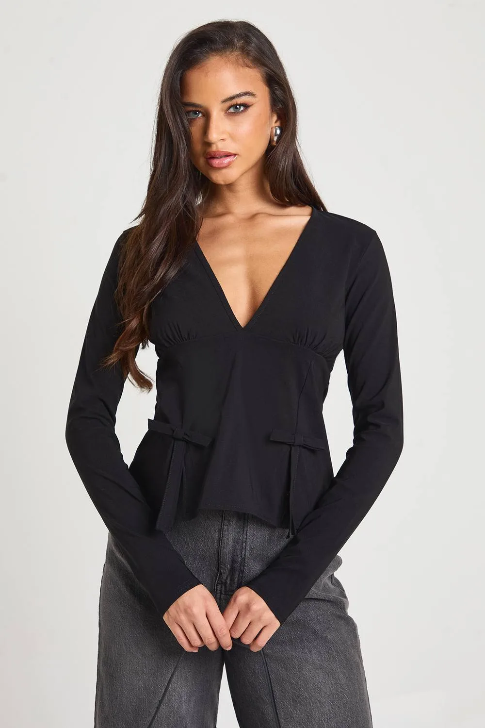 Bengaline Plunge Front Long Sleeve Bow Detail Top by boohoo