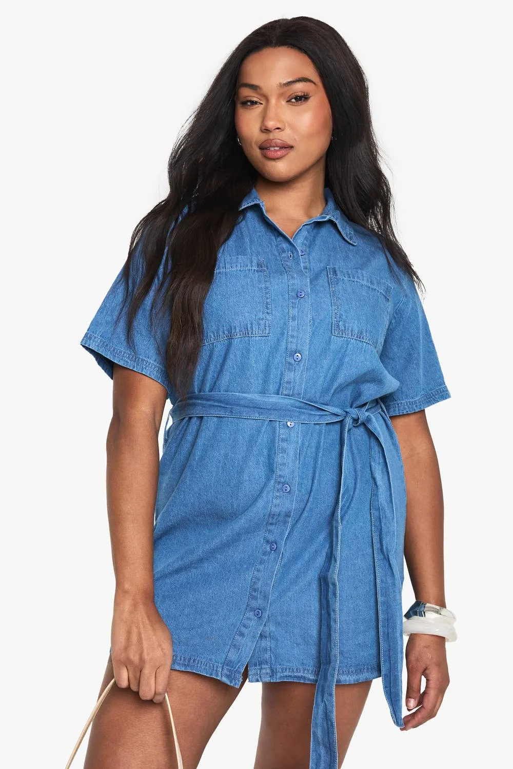 Chambray Denim Tie Belt Dress by boohoo