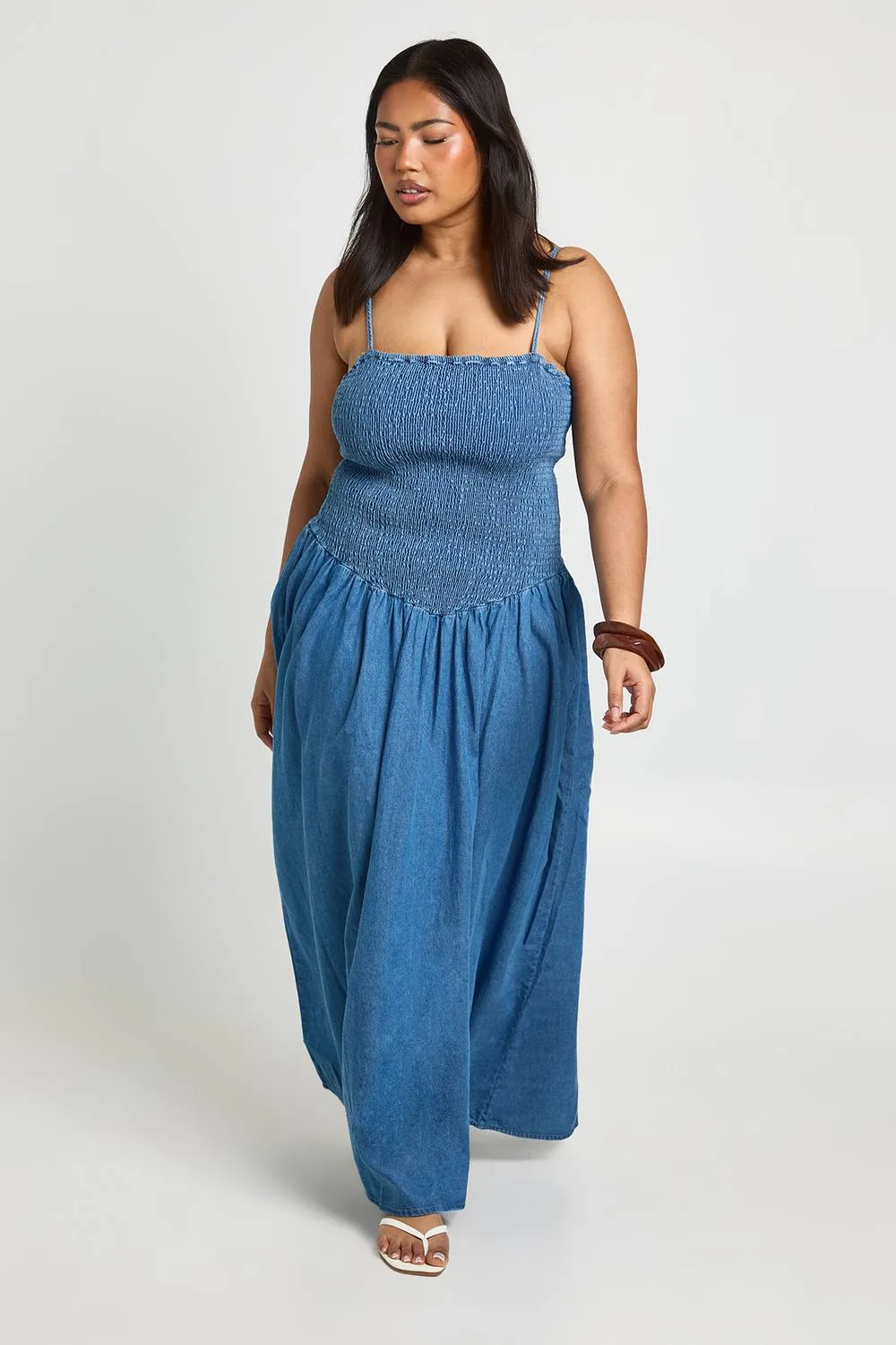 Chambray Shirred Midaxi Skater Dress by boohoo