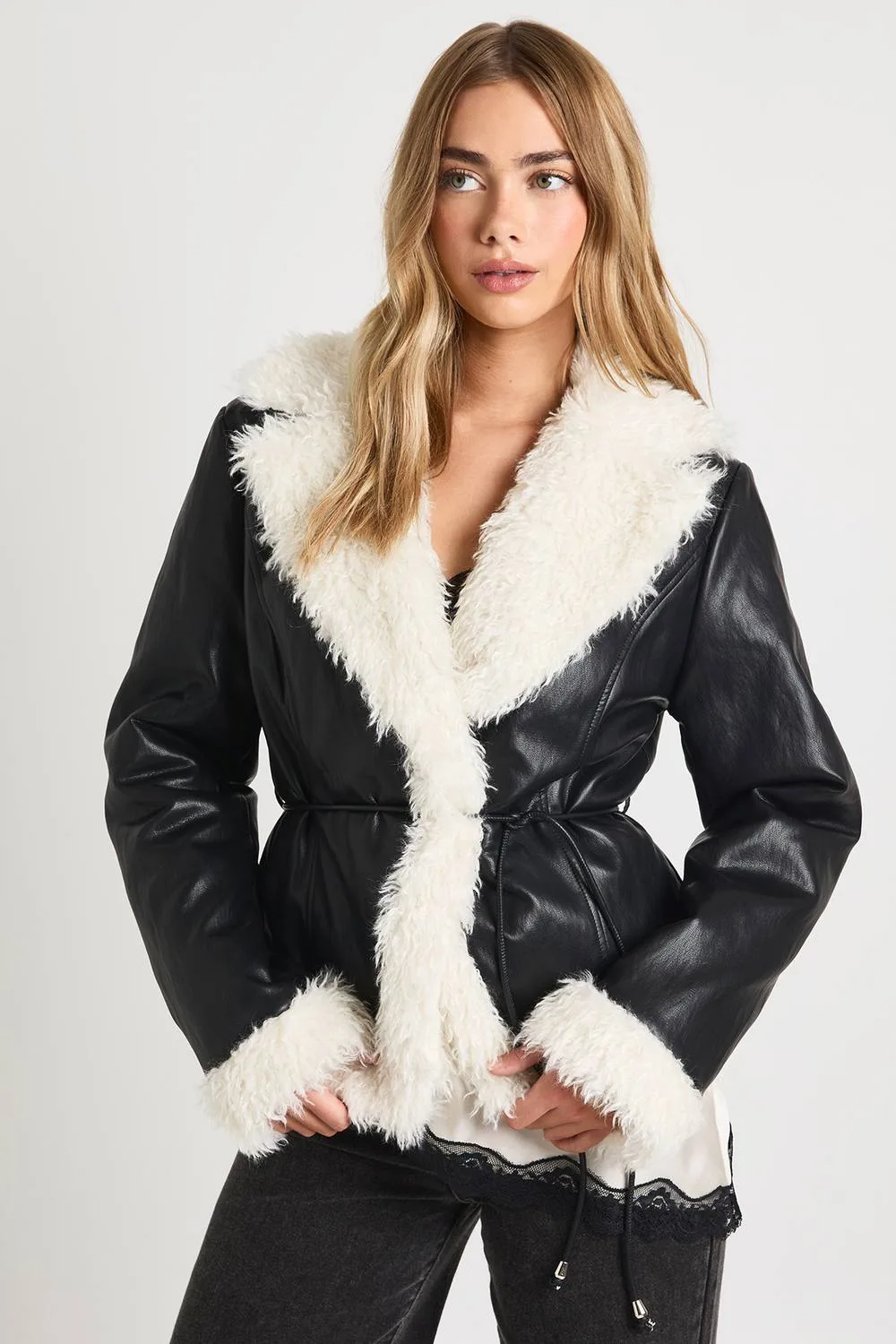 Faux Leather Belted Aviator Jacket by boohoo