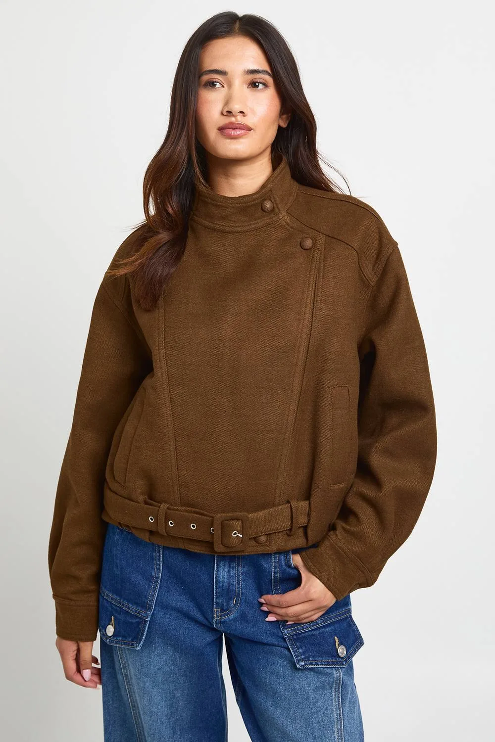 Funnel Neck Belted Wool Look Jacket by boohoo