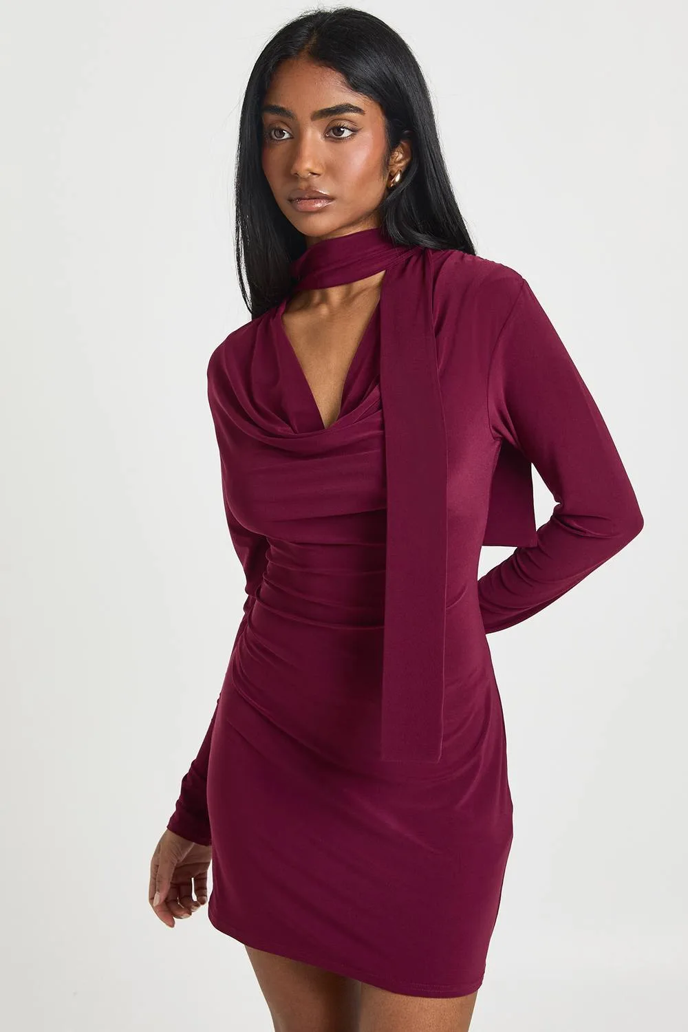 Slinky Plunge Front Scarf Detail Long Sleeve Mini Dress by boohoo