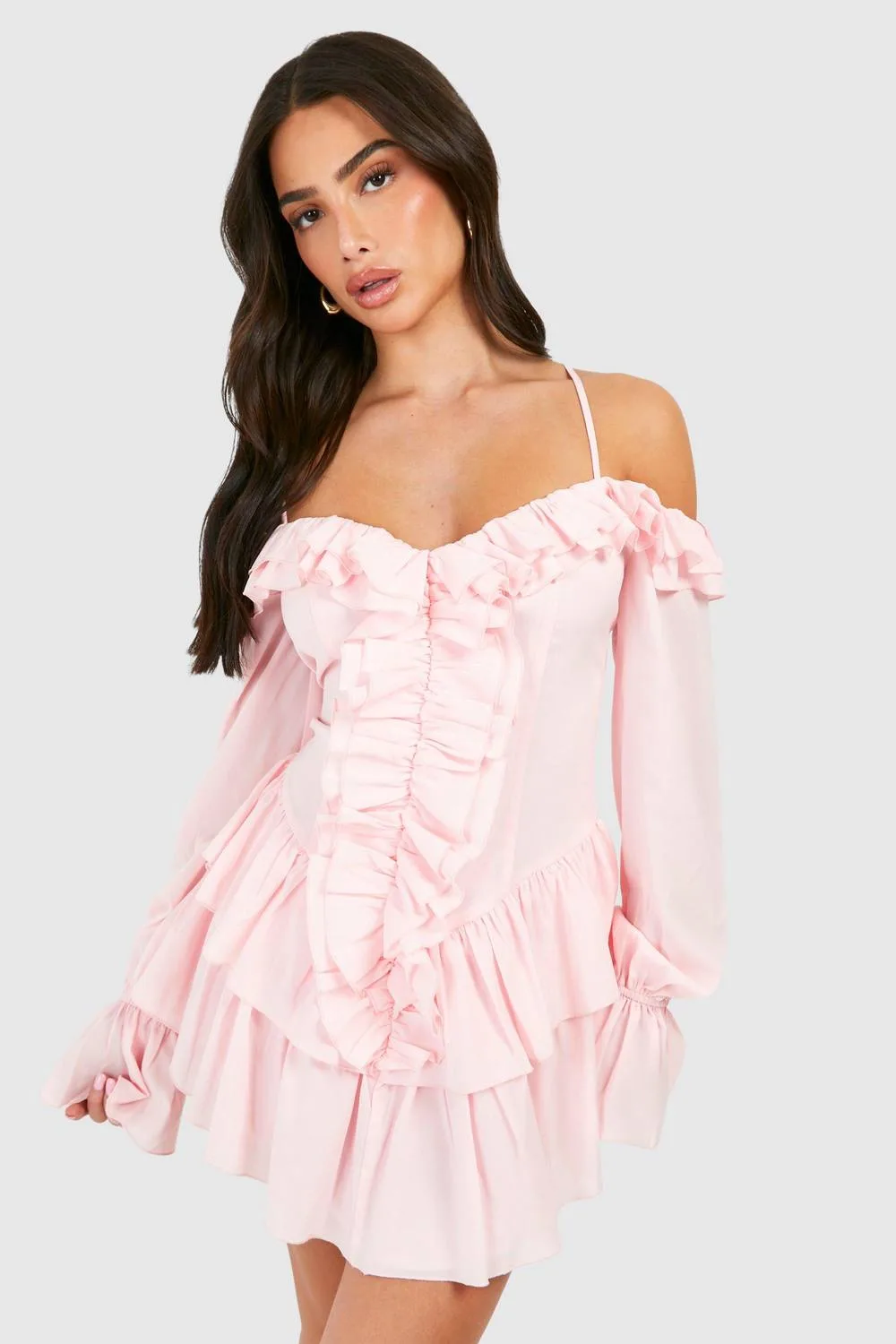 Woven Ruffle Tiered Hem Mini Dress by boohoo