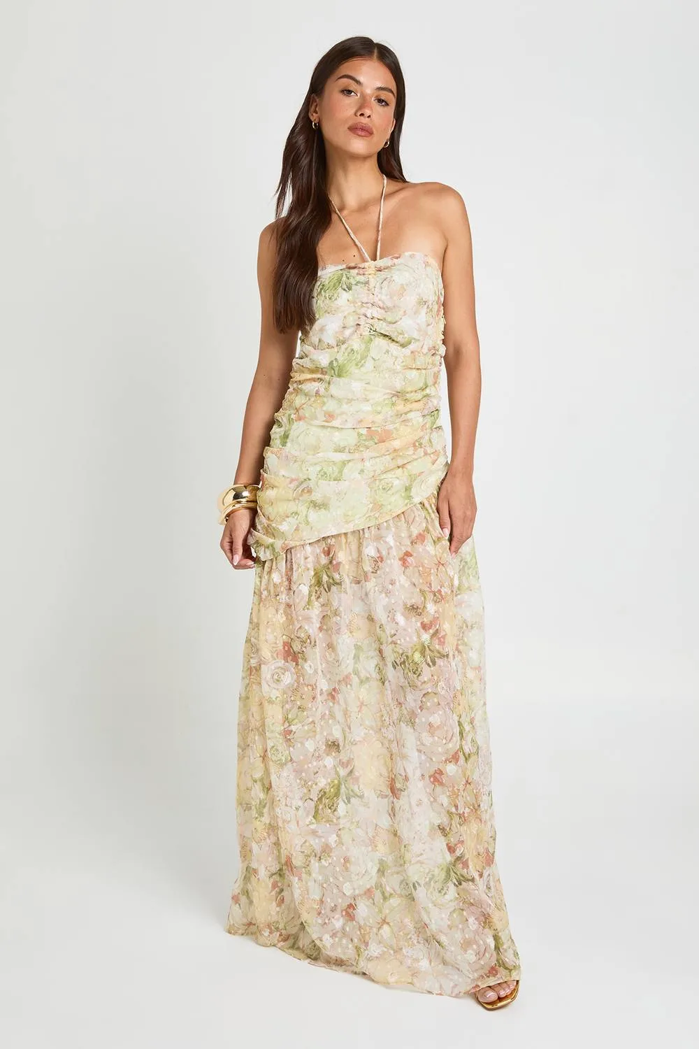 Jacquard Floral Halterneck Ruched Detail Maxi Dress by boohoo