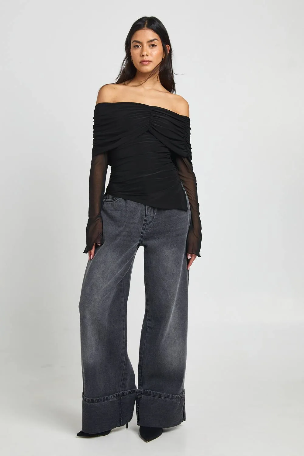 Mesh Sleeve Fold Over Bardot Top by boohoo
