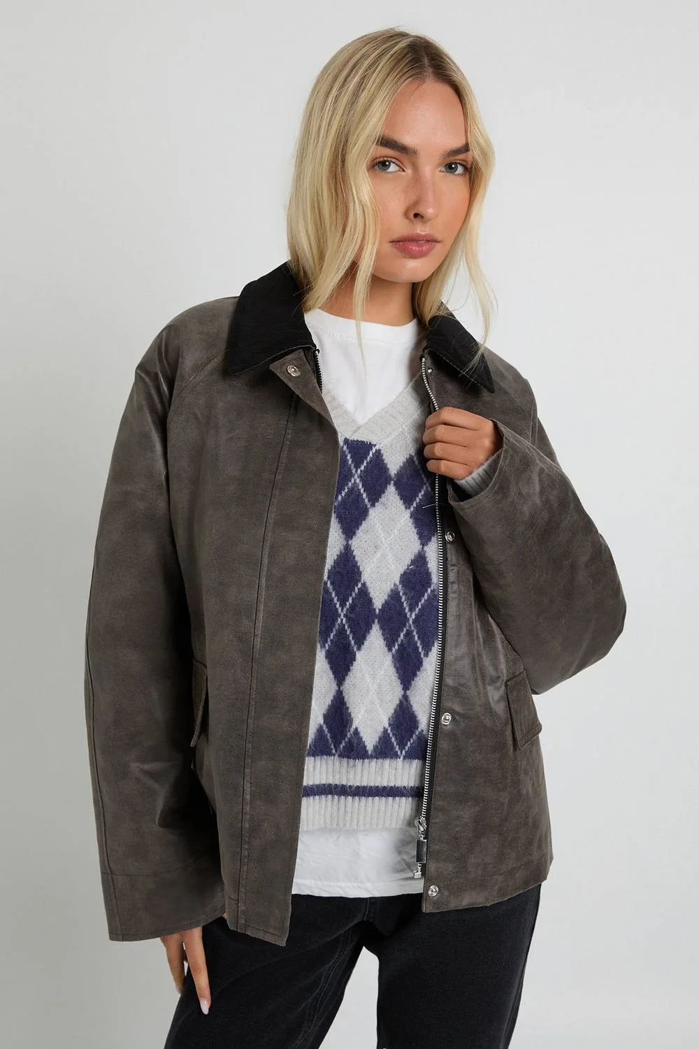 Suede Look Contrast Stitching Collared Jacket by boohoo