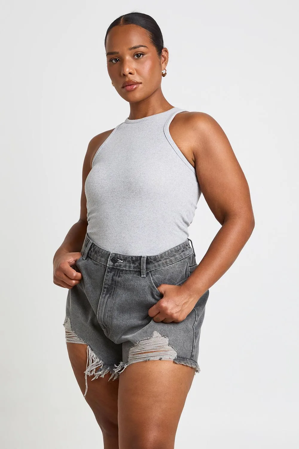High Waist Ripped Mom Shorts by boohoo