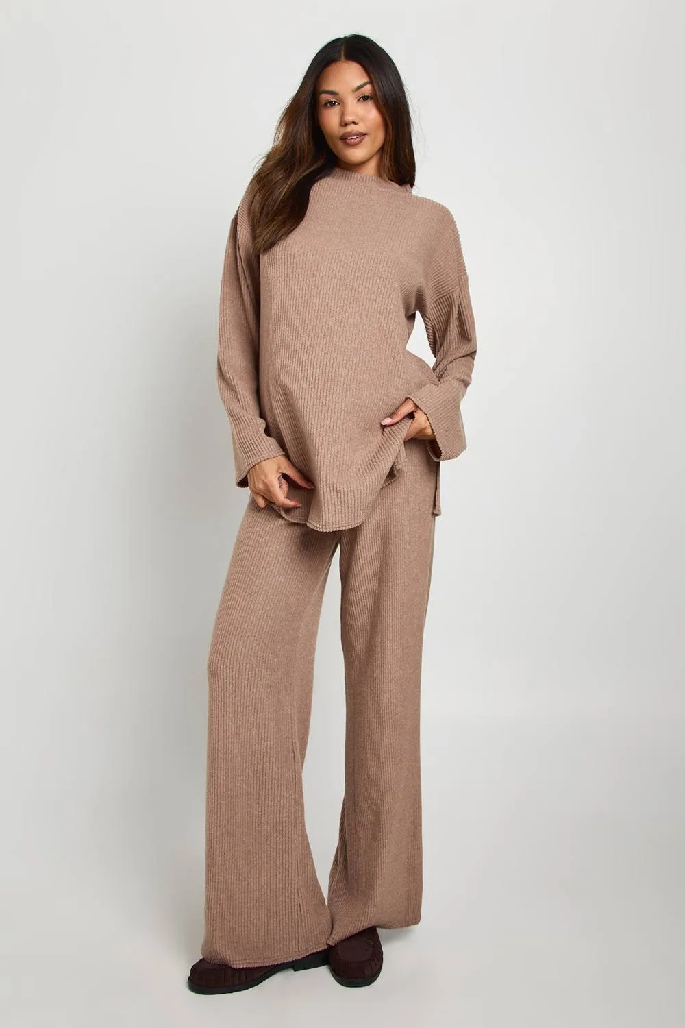 Maternity Brushed Rib High Neck Top & Trouser Lounge Set by boohoo