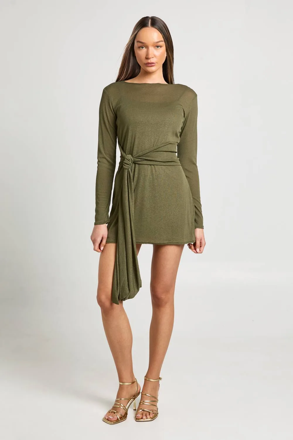 Textured Mesh Tie Waist Flare Sleeve Dress by boohoo