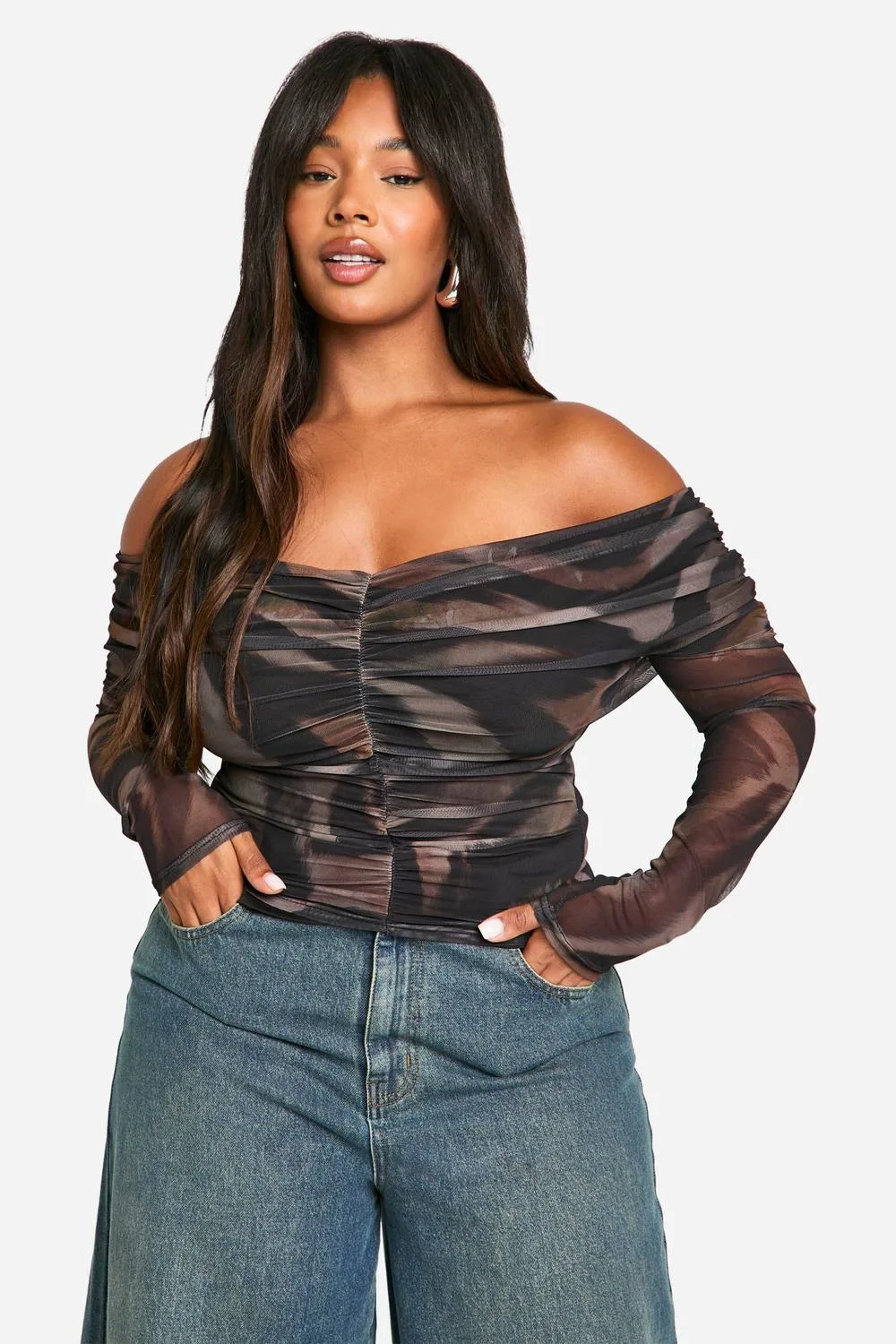 Animal Ruched Front Bardot Long Sleeve Mesh Top by boohoo