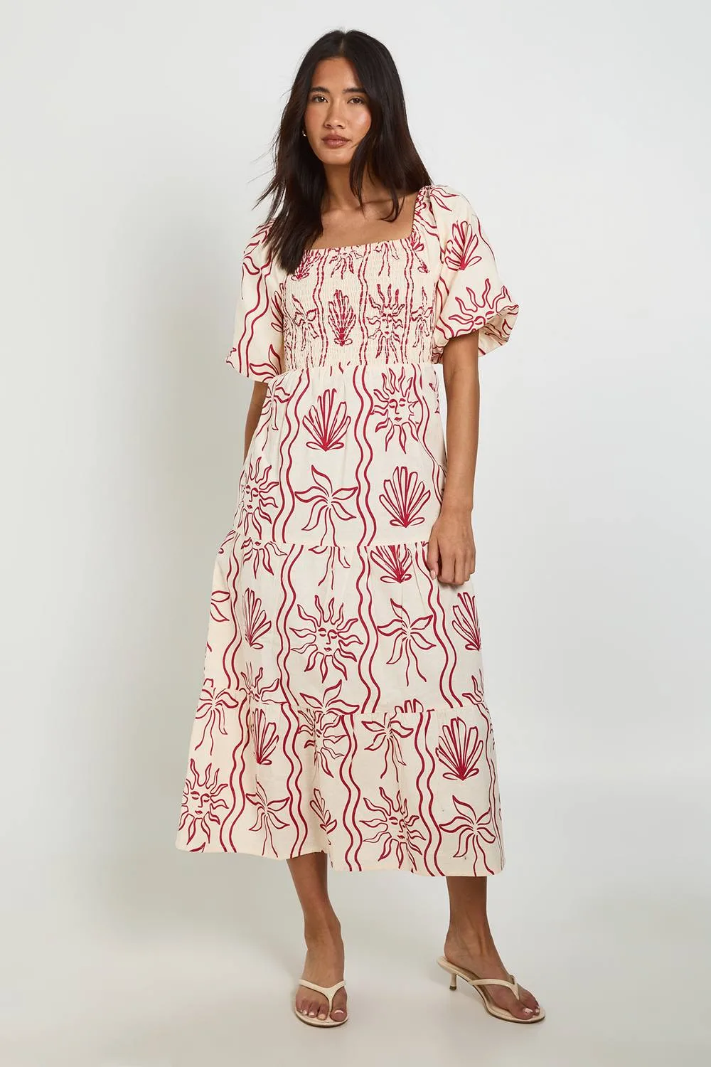 Shell Print Linen Look Volume Sleeve Tiered Midaxi Dress by boohoo