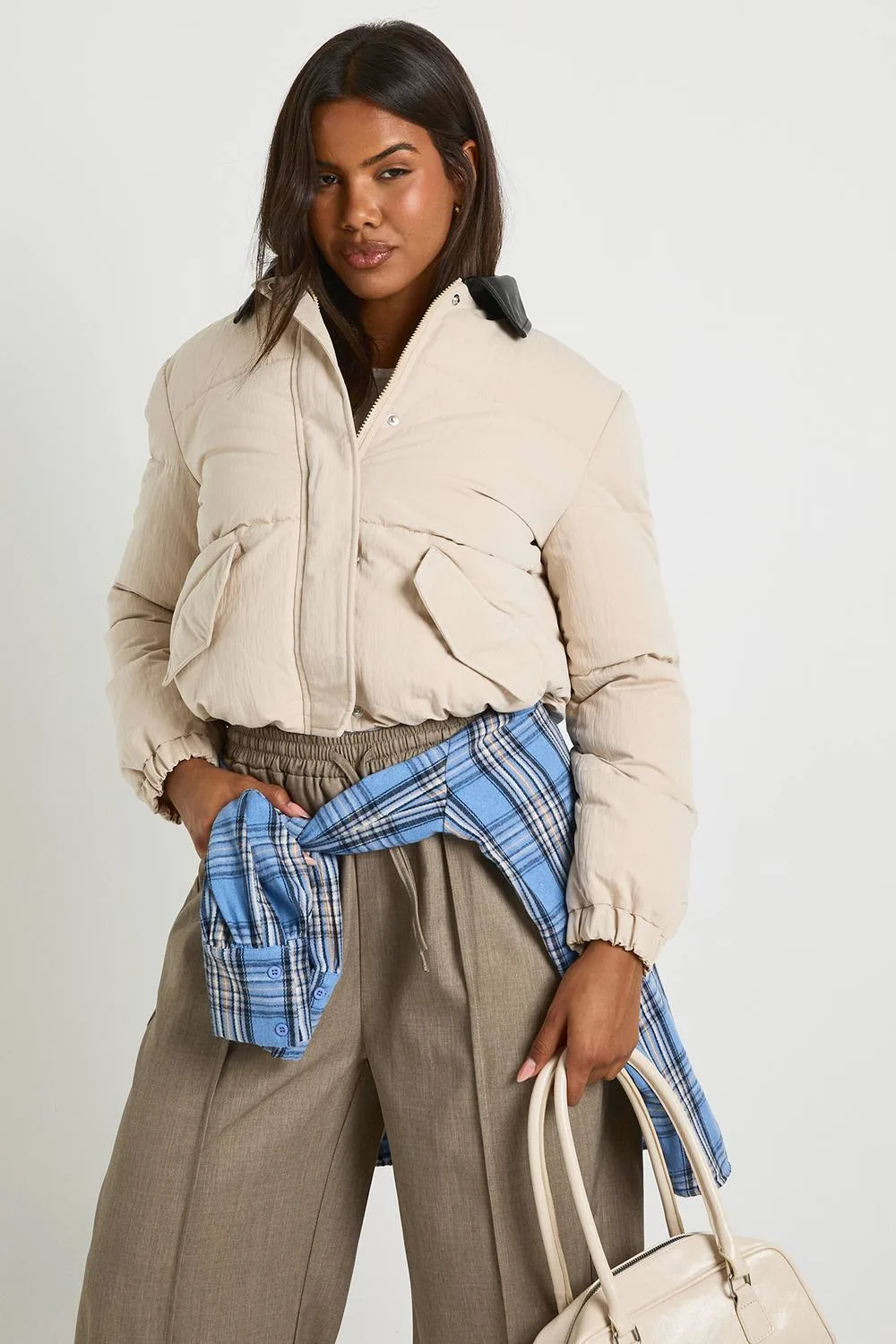 Padded Contrast Collared Puffer Jacket - Stone by boohoo
