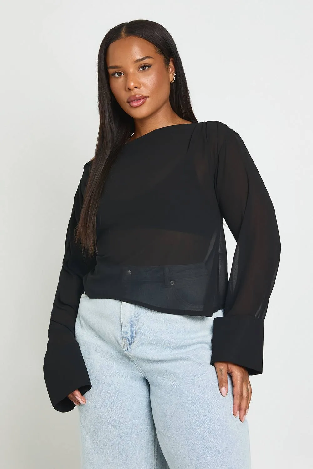 Ruched Shoulder Asymmetric Hem Long Sleeve Woven Top by boohoo