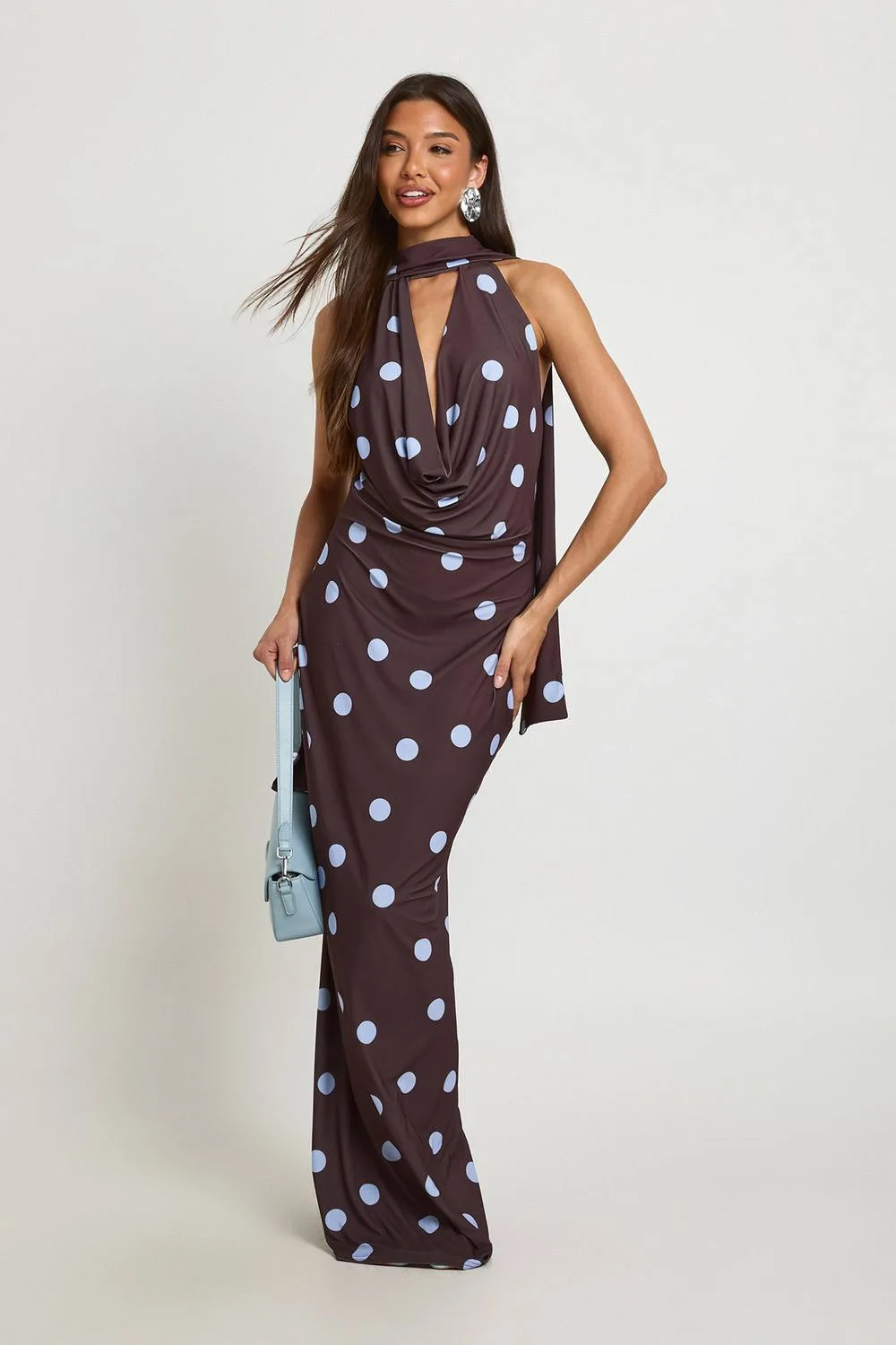 Tonal Polka Dot Print Scarf Detail Maxi Dress