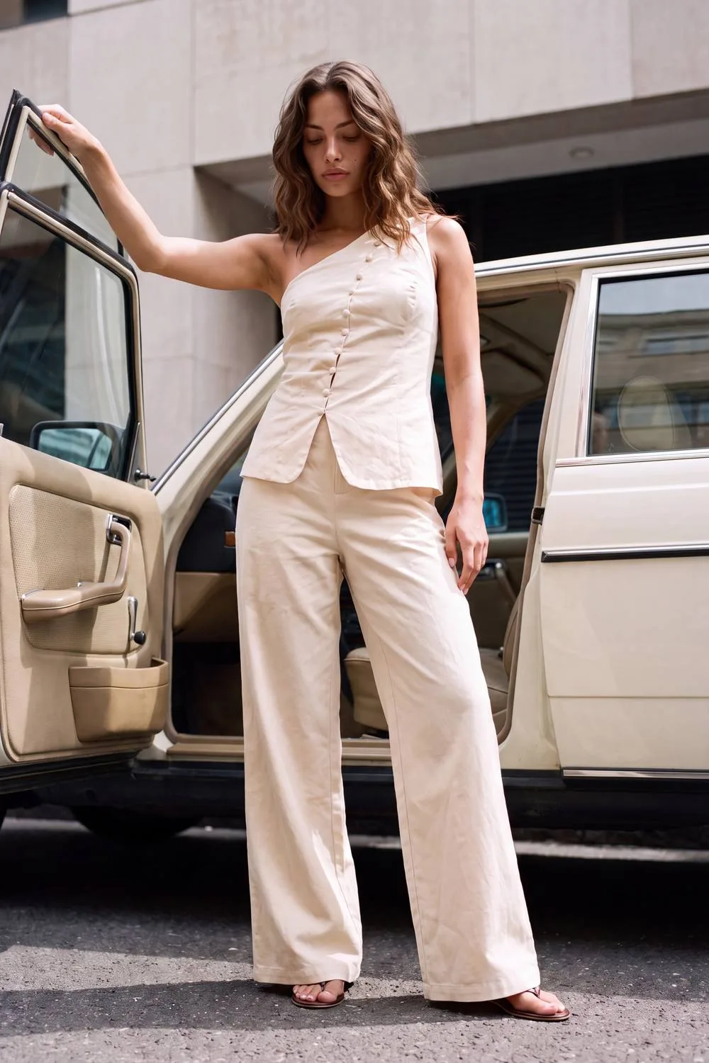 Linen Look Concealed Waistband Wide Leg Trousers by boohoo