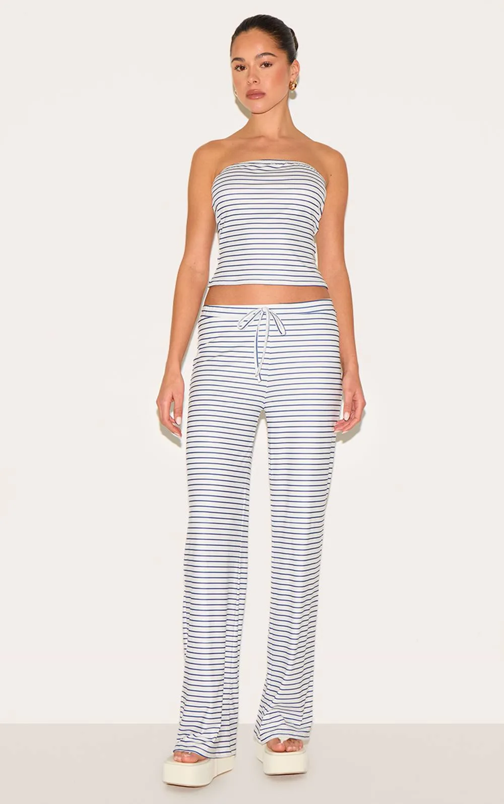 Soft Touch Striped Mid Rise Wide Leg Trousers Co-Ord by PrettyLittleThing