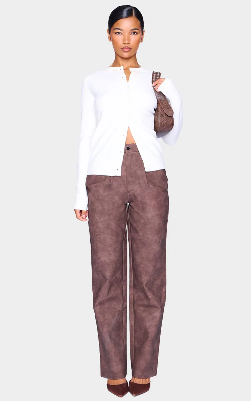 Washed Faux Leather Dart Pocket Straight Leg Trousers by PrettyLittleThing