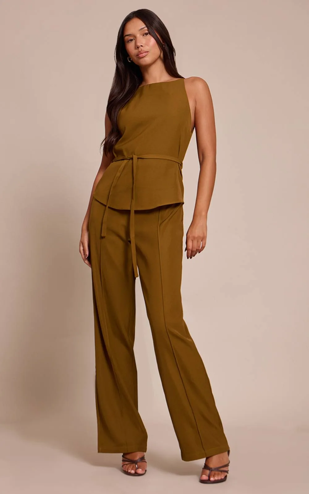 Woven Belt Tied Straight Leg Jumpsuit by PrettyLittleThing