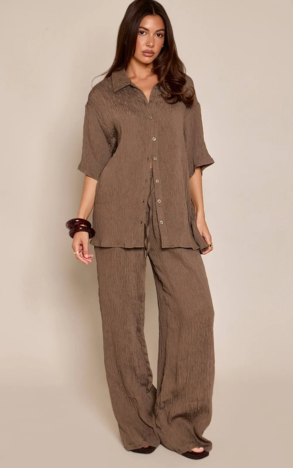 Textured Woven Drawstring Wide Leg Trousers Co-Ord