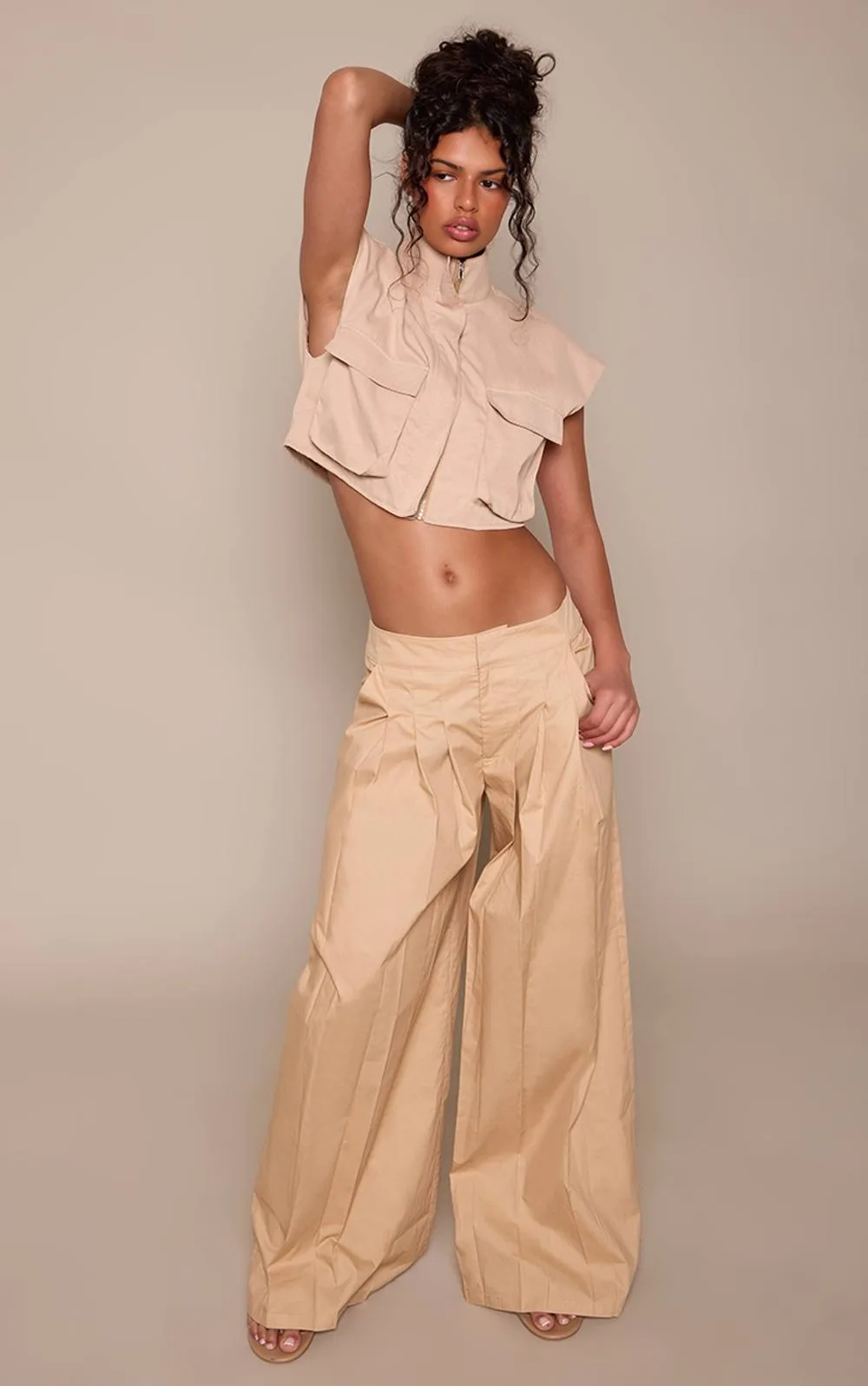 Cotton Pleat Detail Wide Leg Trousers by PrettyLittleThing