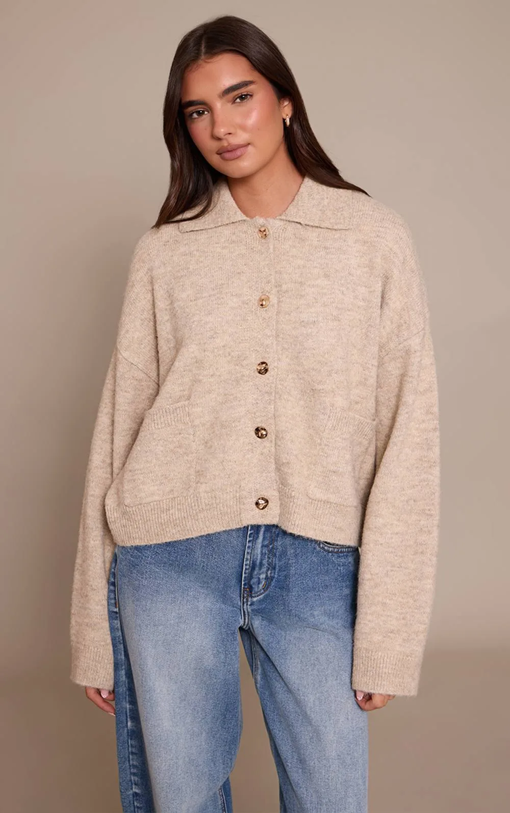 Brushed Knit Collar Cardigan Sweater