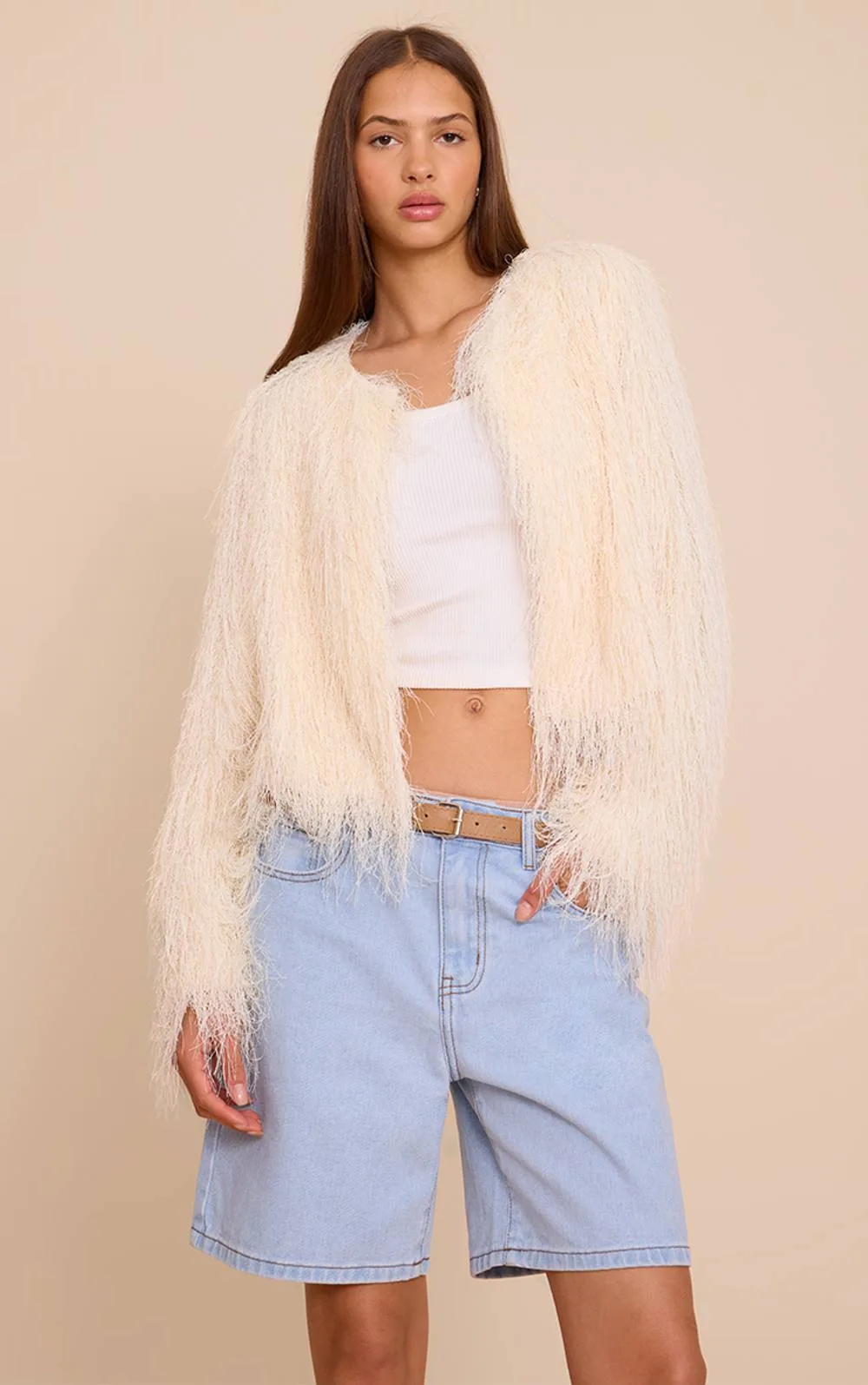 Collarless Fringe Jacket by PrettyLittleThing