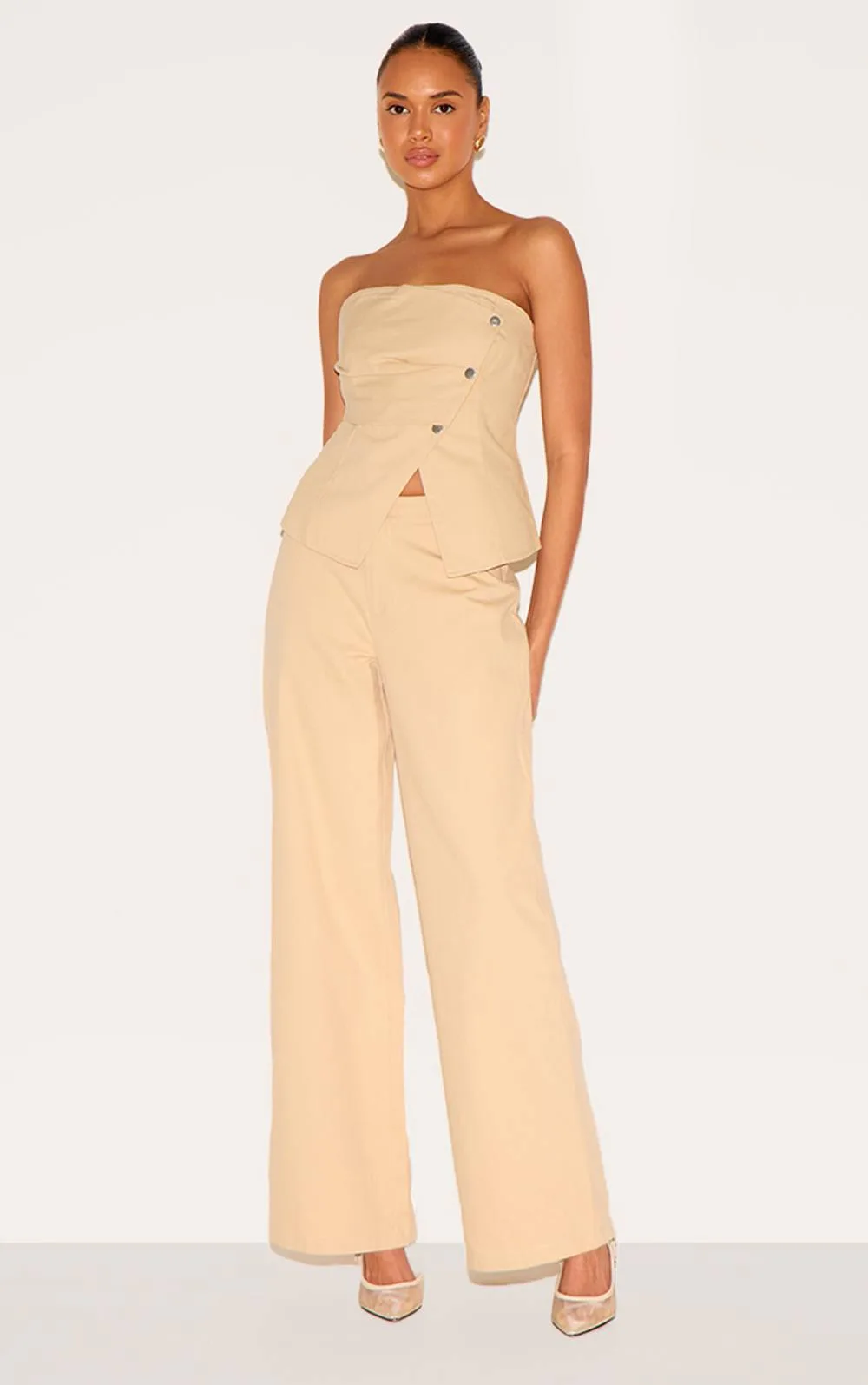 Twill Popper Detail Wide Leg Trousers Co-Ord - Stone by PrettyLittleThing