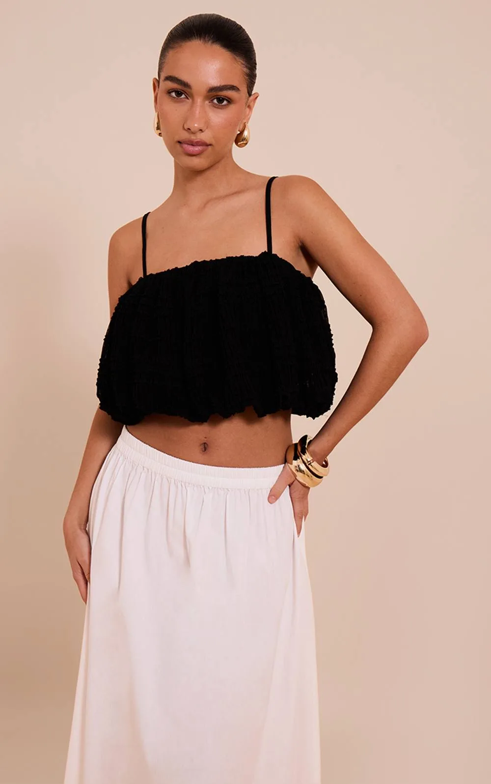 Textured Chiffon Puff Ball Cami Top