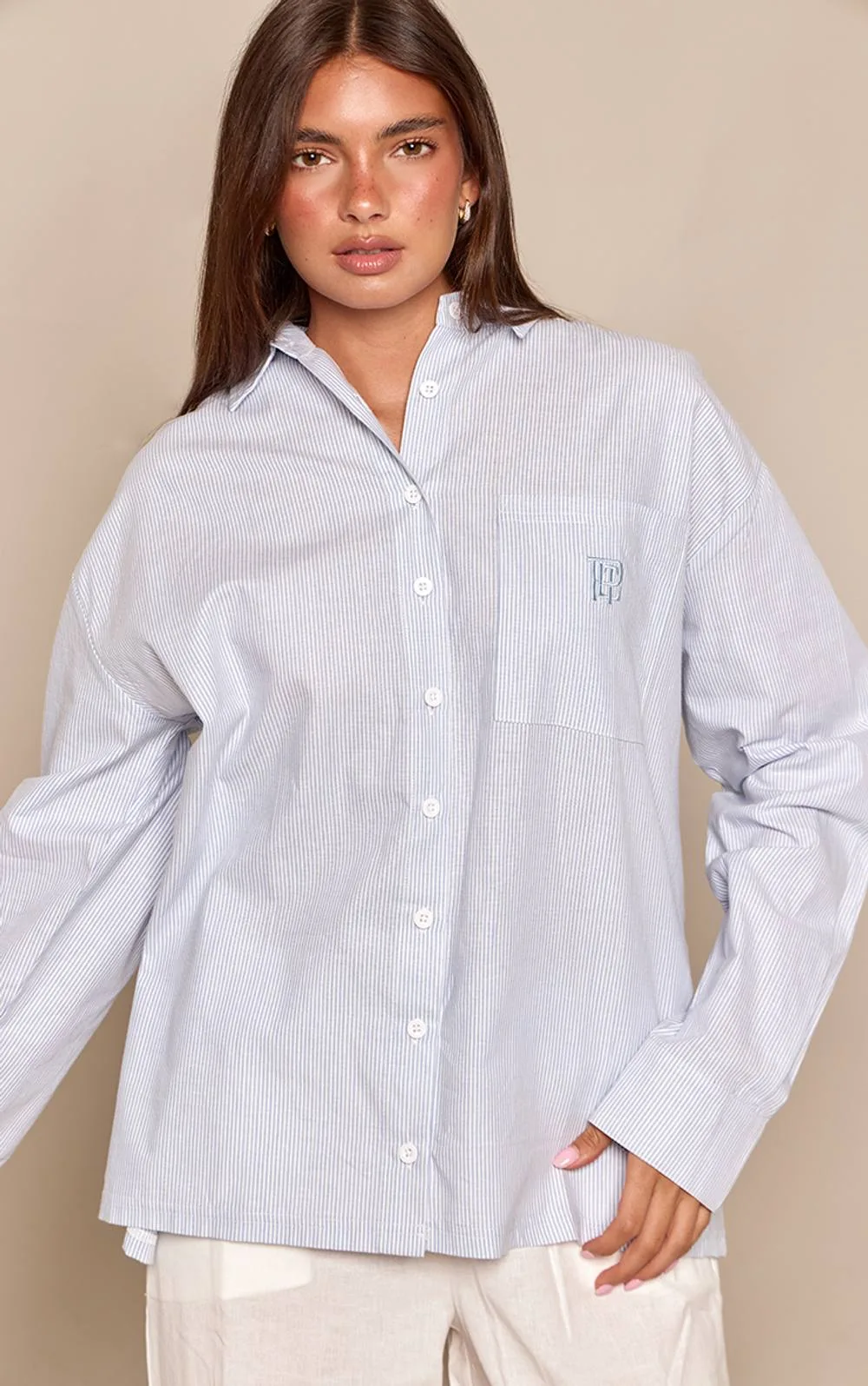 Woven Striped PLT Embroidery Oversized Shirt