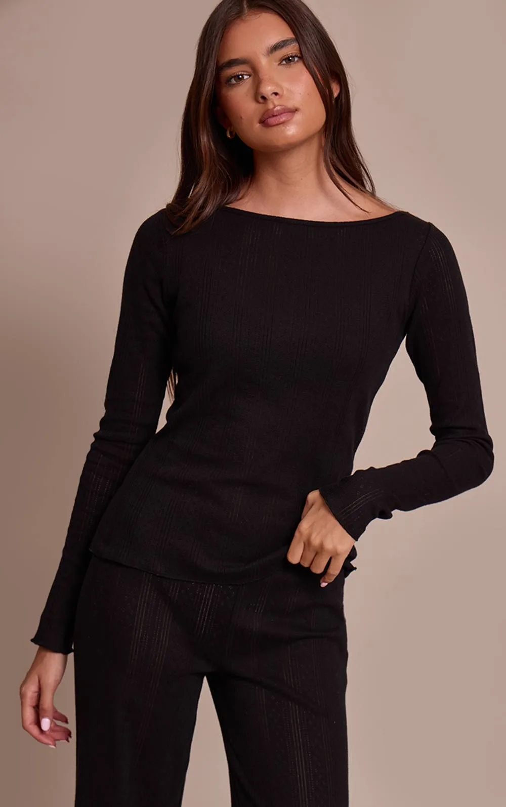 Pointelle Boatneck Long Sleeve Top